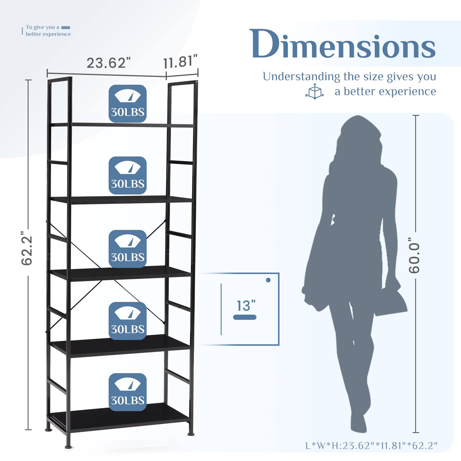 To give you a better experience

Dimensions
23.62" x 11.81" x 62.2"

Understanding the size gives you a better experience

30LBS (weight capacity for each shelf)

L*W*H: 23.62" x 11.81" x 62.2"