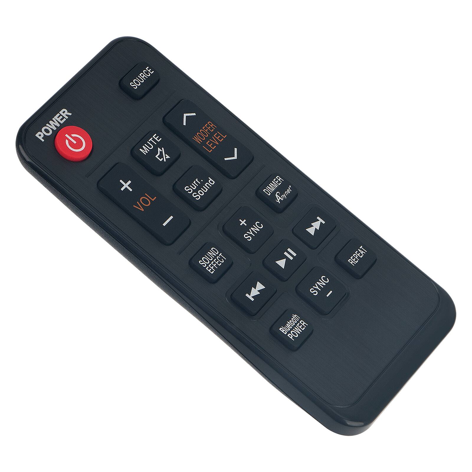 POWER  
SOURCE  
MUTE  
WOOFER LEVEL  
Surr. Sound  
DIMMER  
VOL +  
VOL -  
SYNC  
SOUND EFFECT  
REPEAT  
Bluetooth POWER