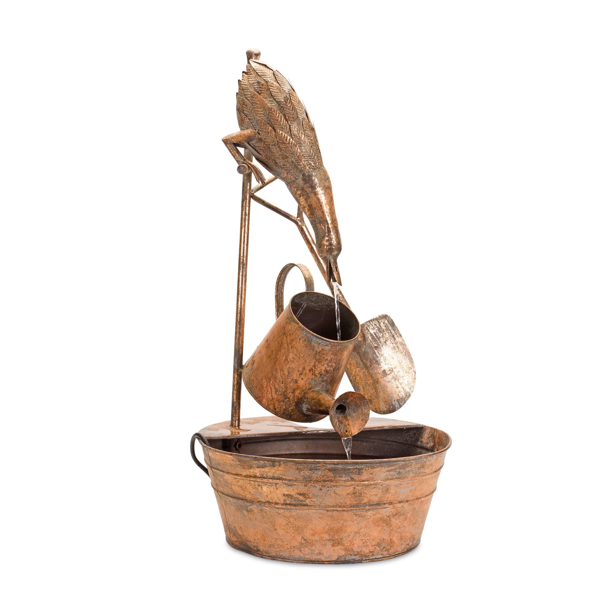 Left. BreeBe - Rustic Metal Fountain with Duck and Watering Can 33"H - Copper.
