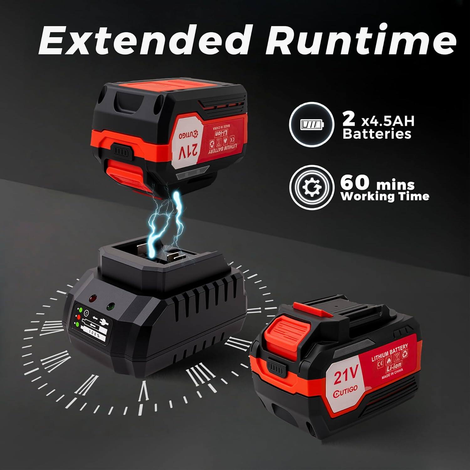 Extended Runtime

2 x 4.5AH Batteries

60 mins Working Time

21V

LITHIUM BATTERY

Lion

CUTIGO

MADE IN CHINA