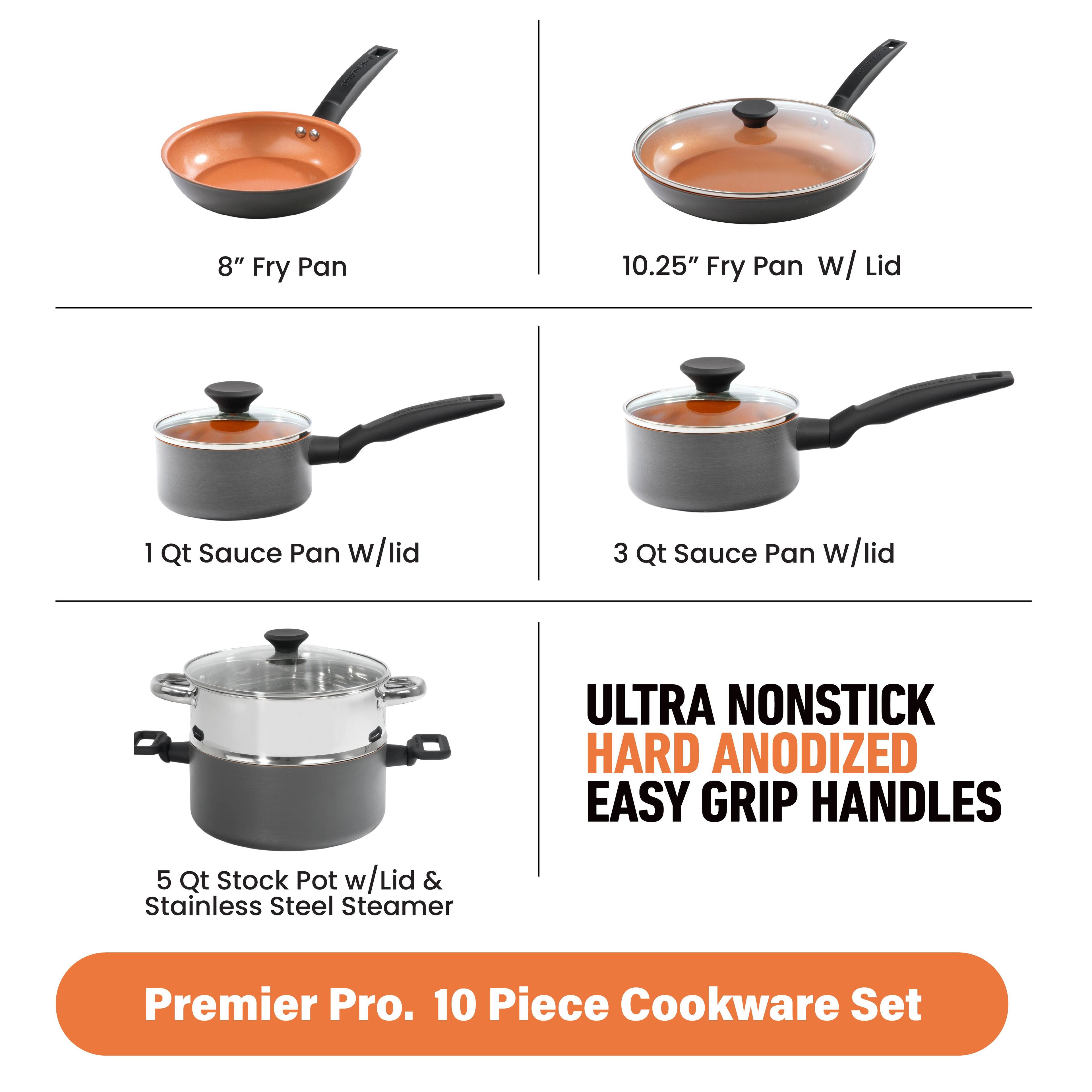 8" Fry Pan, 10.25" Fry Pan w/ Lid, 1 Qt Sauce Pan w/lid, 3 Qt Sauce Pan w/lid, ULTRA NONSTICK HARD ANODIZED EASY GRIP HANDLES, 5 Qt Stock Pot w/Lid & Stainless Steel Steamer, Premier Pro. 10 Piece Cookware Set
