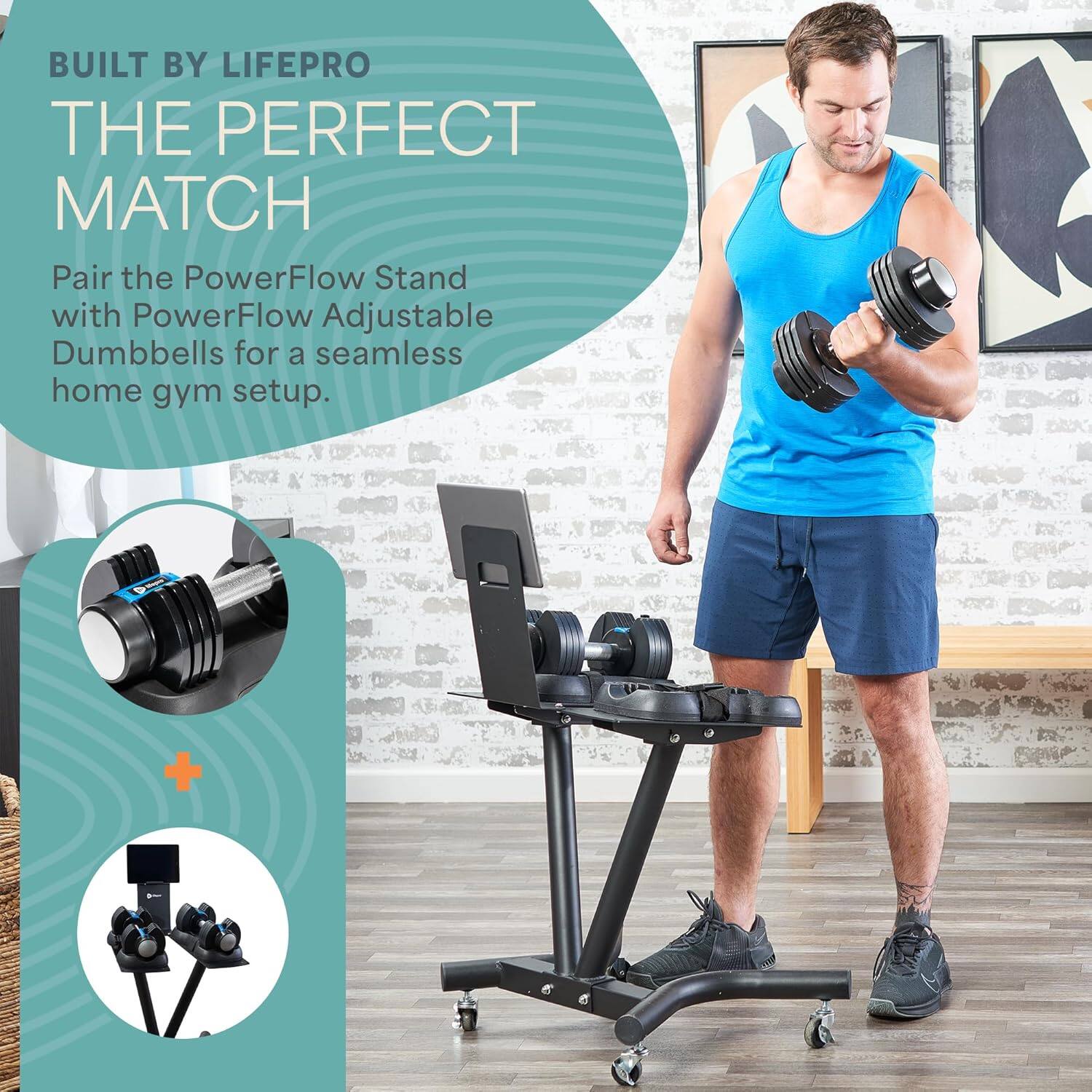 BUILT BY LIFEPRO  
THE PERFECT MATCH  

Pair the PowerFlow Stand with PowerFlow Adjustable Dumbbells for a seamless home gym setup.