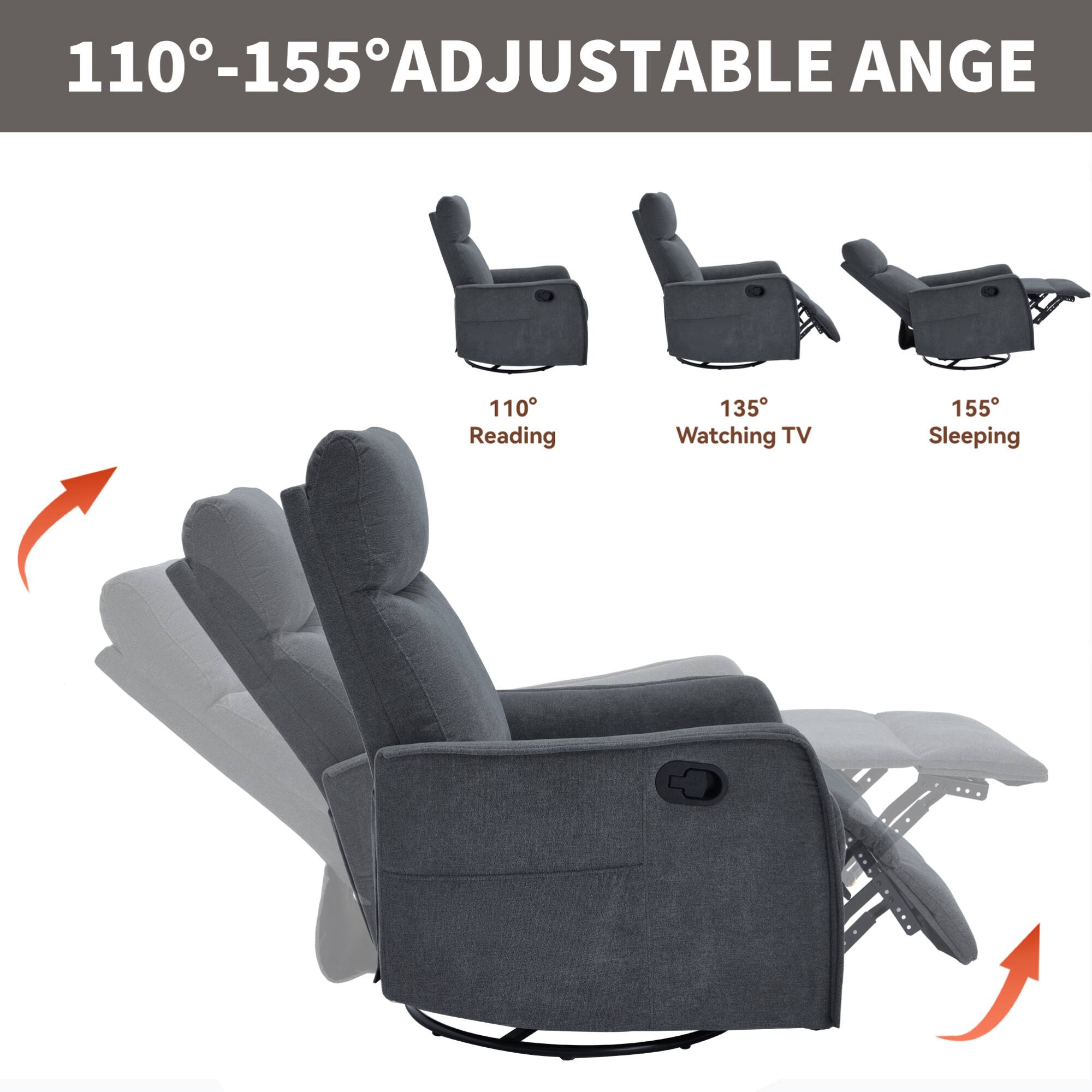 110°-155° ADJUSTABLE ANGLE

110° Reading  
135° Watching TV  
155° Sleeping