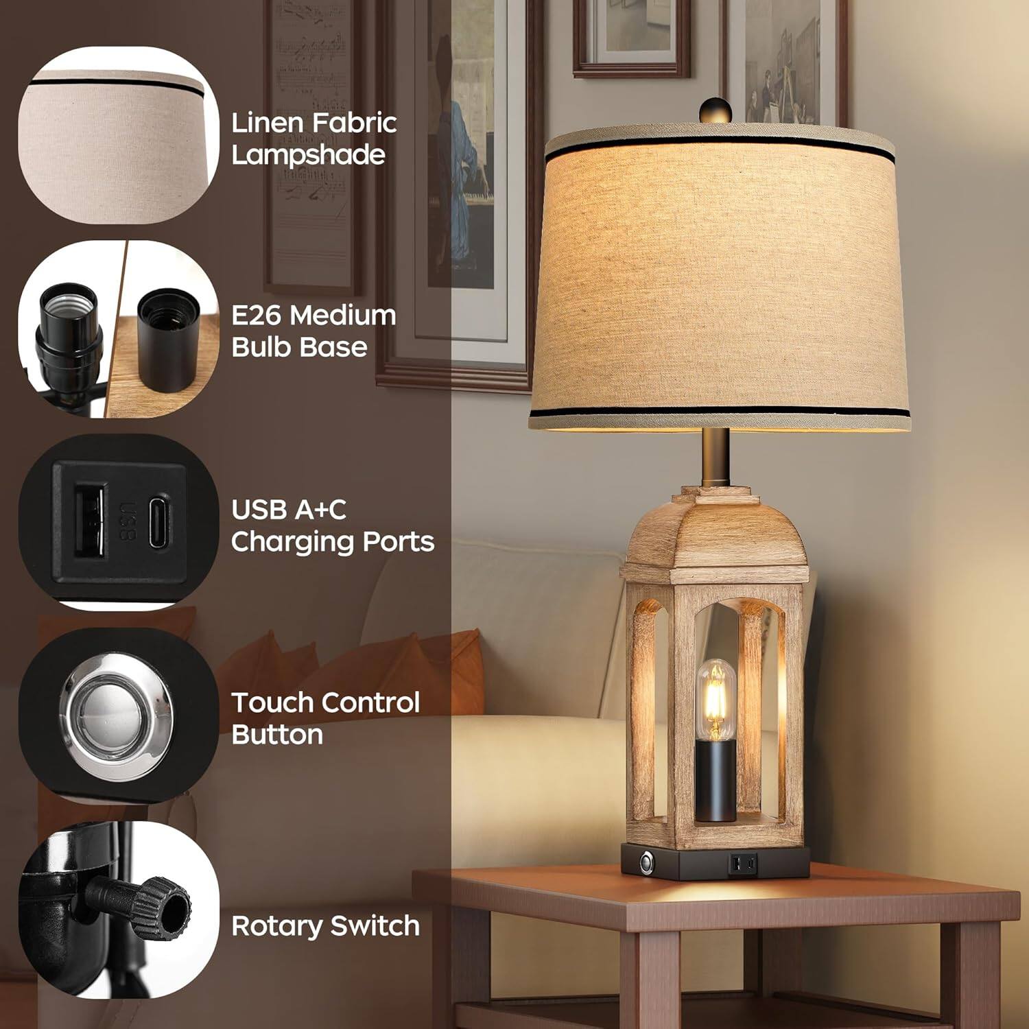 - Linen Fabric Lampshade
- E26 Medium Bulb Base
- USB A+C Charging Ports
- Touch Control Button
- Rotary Switch
