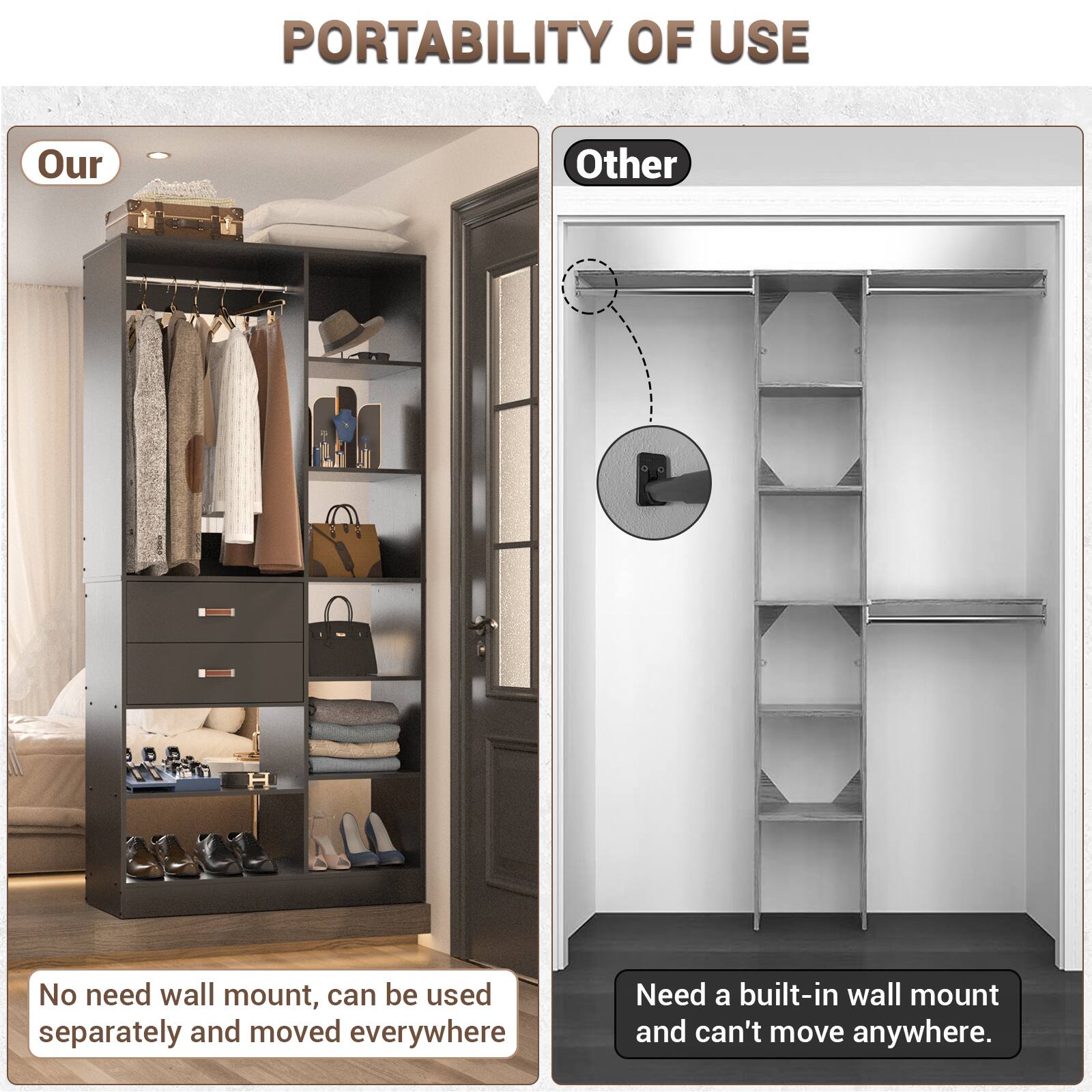 PORTABILITY OF USE

Our  
No need wall mount, can be used separately and moved everywhere

Other  
Need a built-in wall mount and can't move anywhere.
