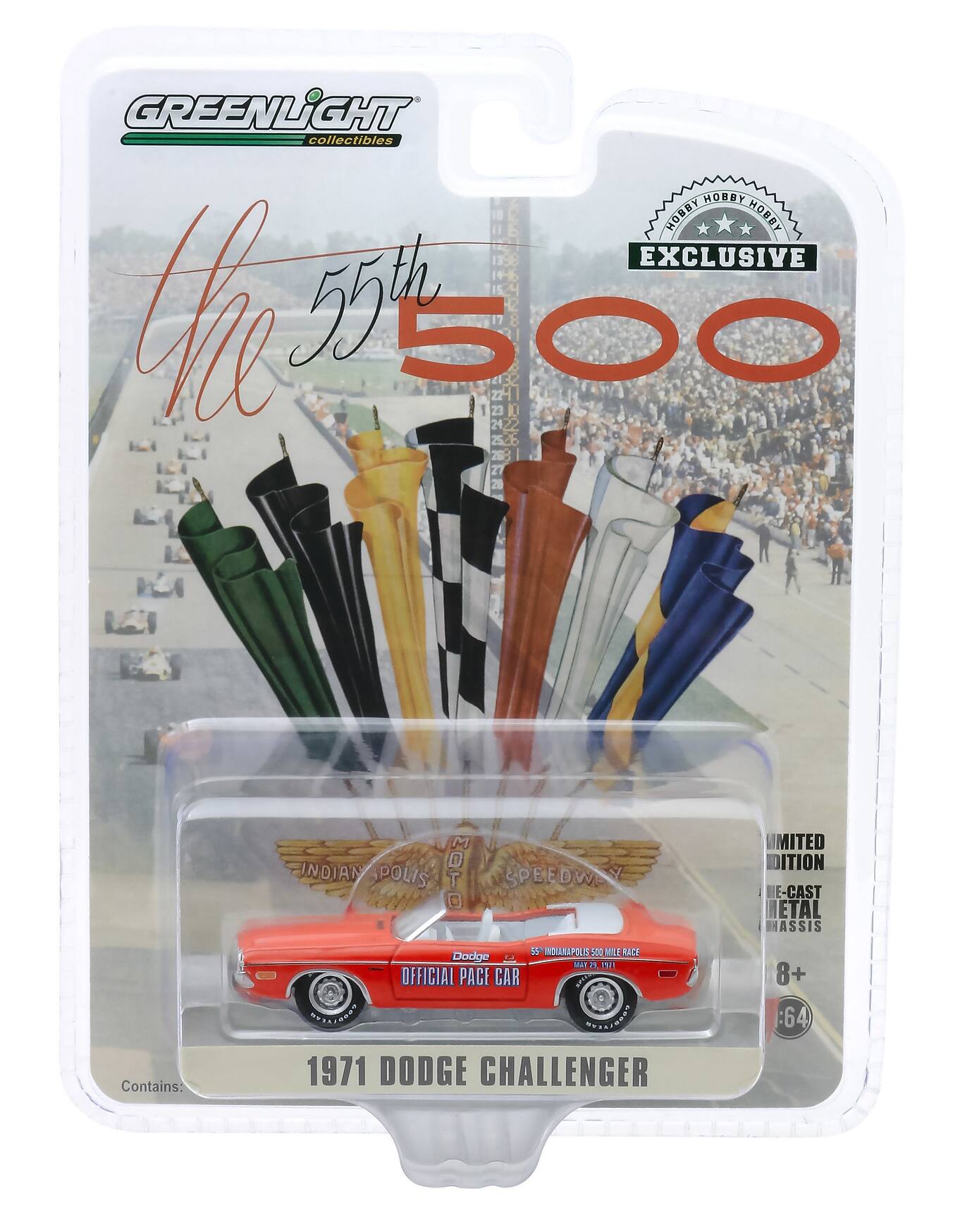 GREENLIGHT collectibles HOBBY HOBBY HOBBY EXCLUSIVE the 55th 500 Mxd 126 Contains: INDIAN POLIS : SPEEDWEY 5 INDIARAPOLIS 500 MILF RAICCE Dodge Ma M B OFFICIAL PACE CAR aP1C NSPARABES .. SPSAR TAUN 1971 DODGE CHALLENGER LIMITED EDITION E-CAST METAL HASSIS 8+ :64