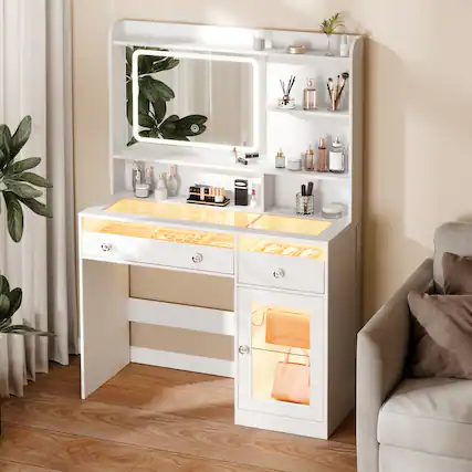Front. Furnulem - Vanity Desk with Mirror and Lights Makeup Vanity with Drawer - White.