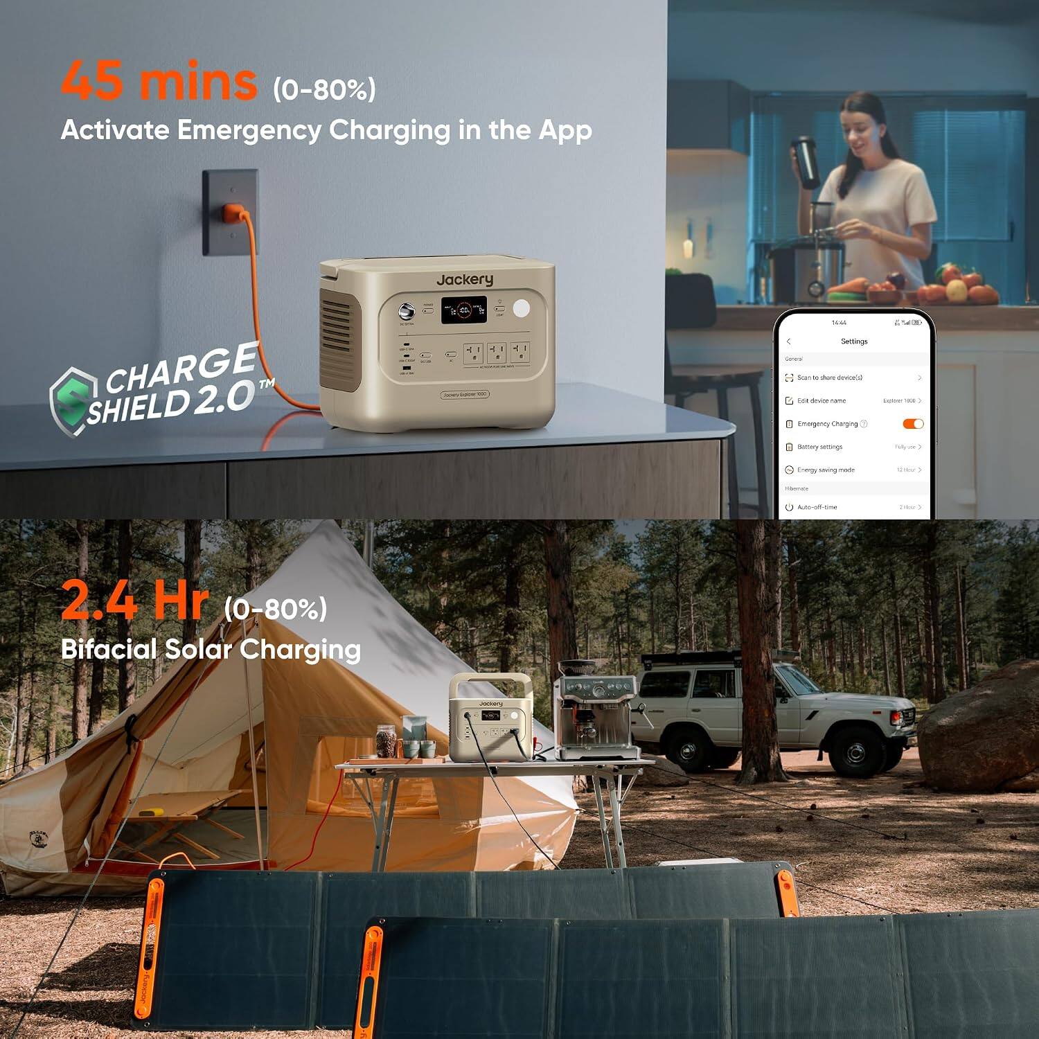45 mins (0-80%)  
Activate Emergency Charging in the App

CHARGE 2.0 SHIELD

Jackery

2.4 Hr (0-80%)  
Bifacial Solar Charging

Settings  
- Scan to share device ID  
- Edit device name  
- Emergency Charging  
- Battery settings  
- Energy saving mode  
- Auto-off time