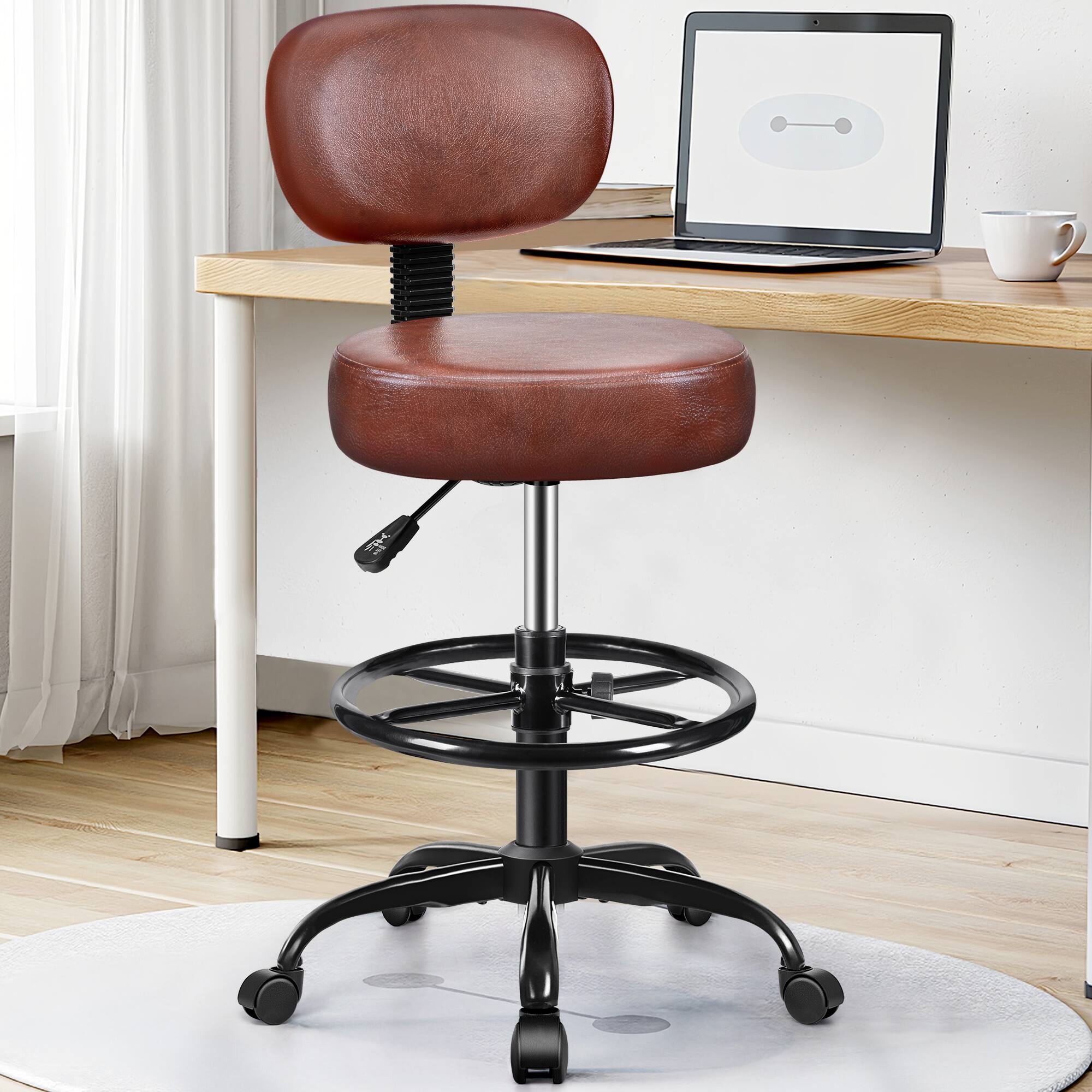 Left. Brick Attic - Drafting Chair with Backrest, PU Leather Adjustable Foot Rest Stool with Wheels for Office Spa Studio Lab Counter Salon - Brown.