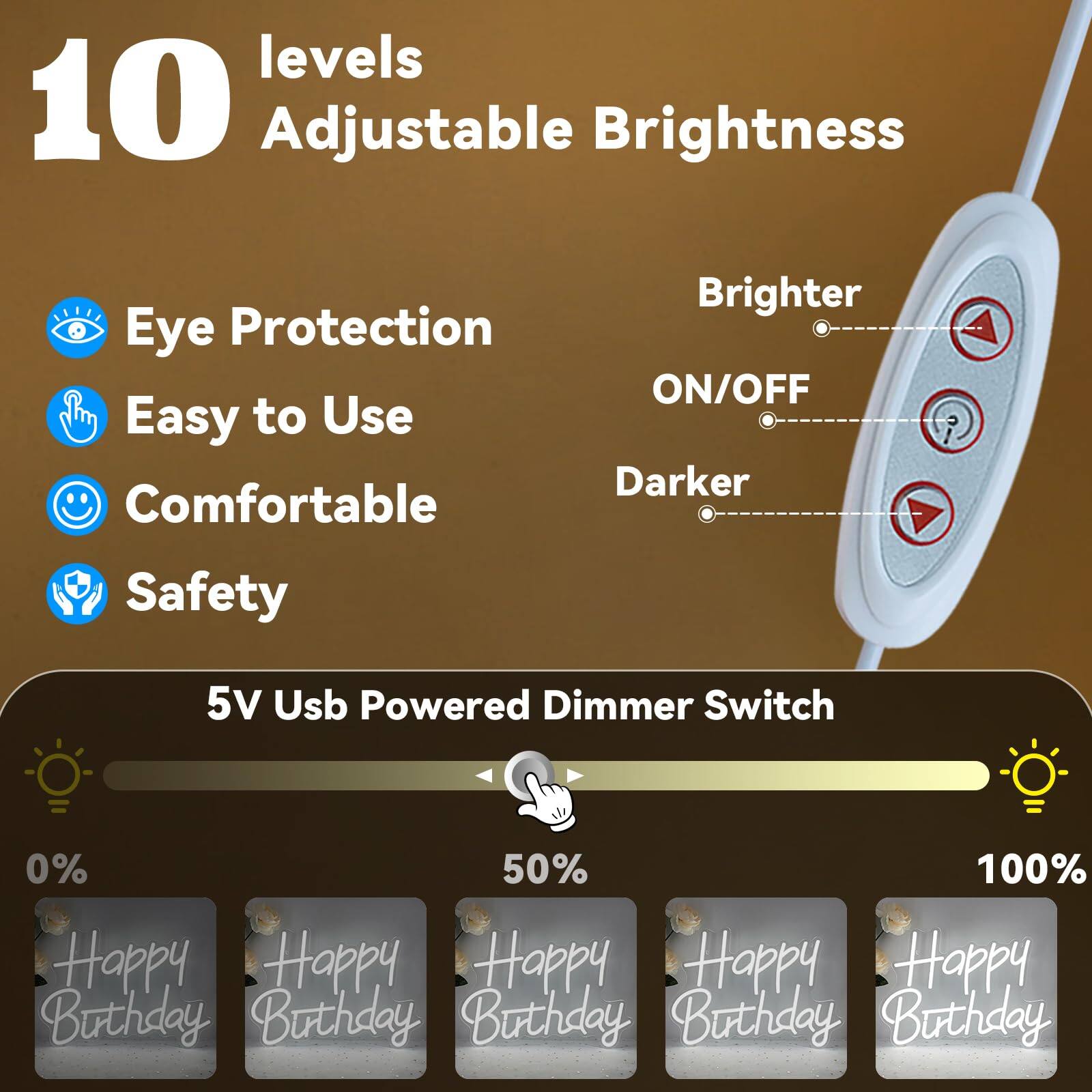 10 levels Adjustable Brightness

- Eye Protection
- Easy to Use
- Comfortable
- Safety

5V Usb Powered Dimmer Switch

- Brighter
- ON/OFF
- Darker

0% 50% 100%

Happy Birthday Happy Birthday Happy Birthday Happy Birthday Happy Birthday