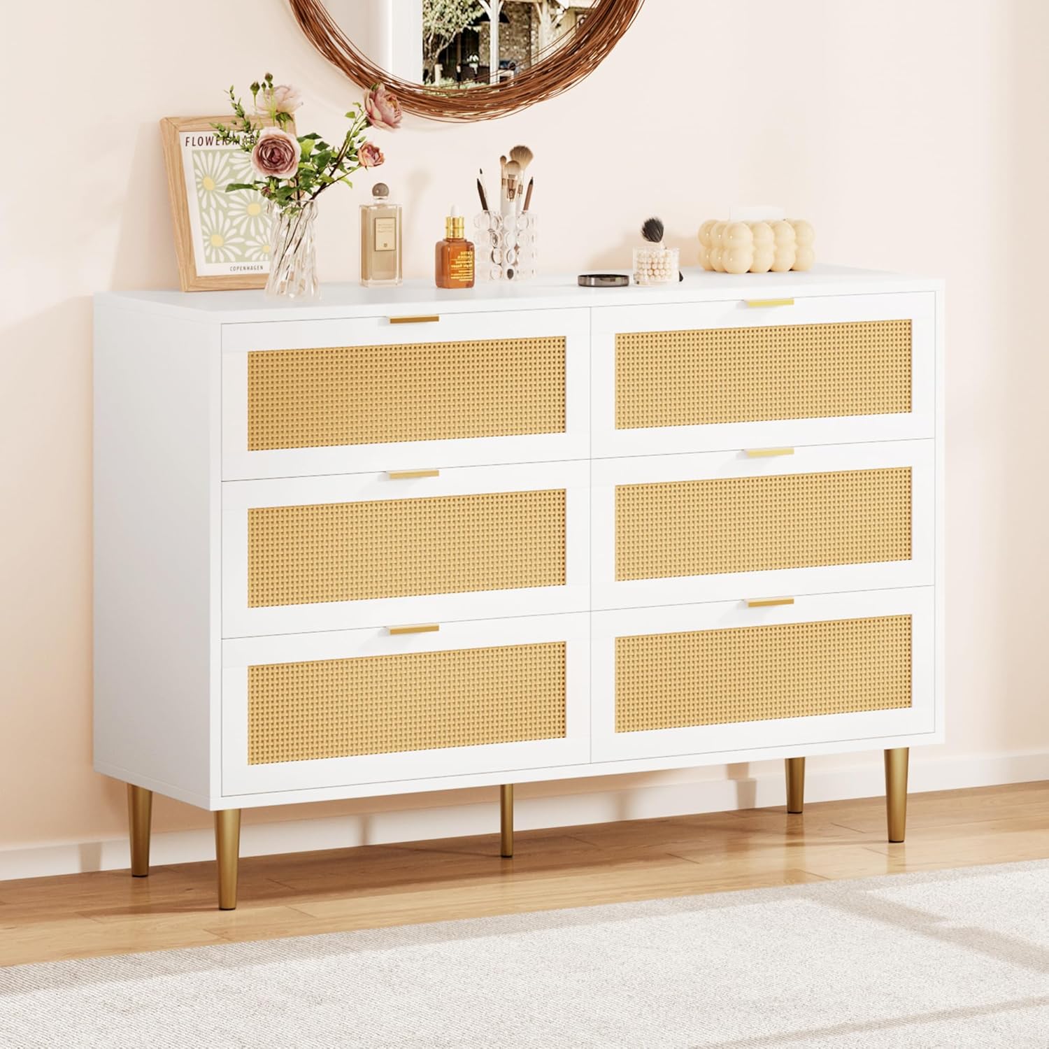 Front. Acekool - Natural Rattan 6-Drawer Dresser with Gold Legs & Handles, Wide Double Chest with Anti-Tipping Design, Living Room - White.