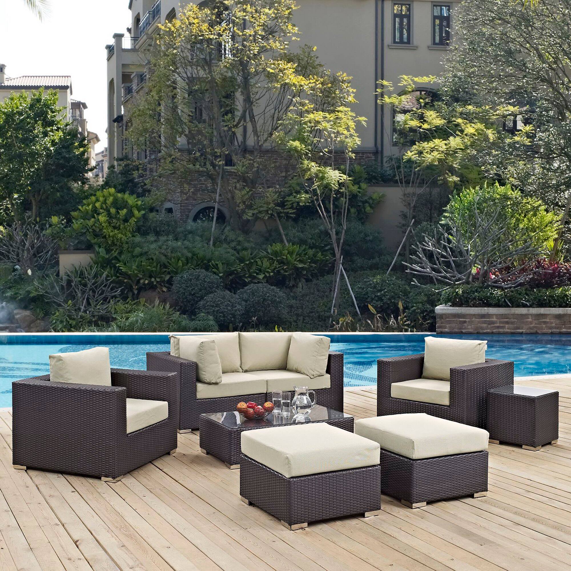Alt View 6. Modway - Convene 8-Piece Outdoor Patio Sectional Set - Cushioned Modular Seating with Armrests - Espresso Beige.