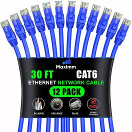 Maximm - Cat 6 Ethernet Cable 30 ft (12-Pack) - UTP, 10Gbps, 550MHz
