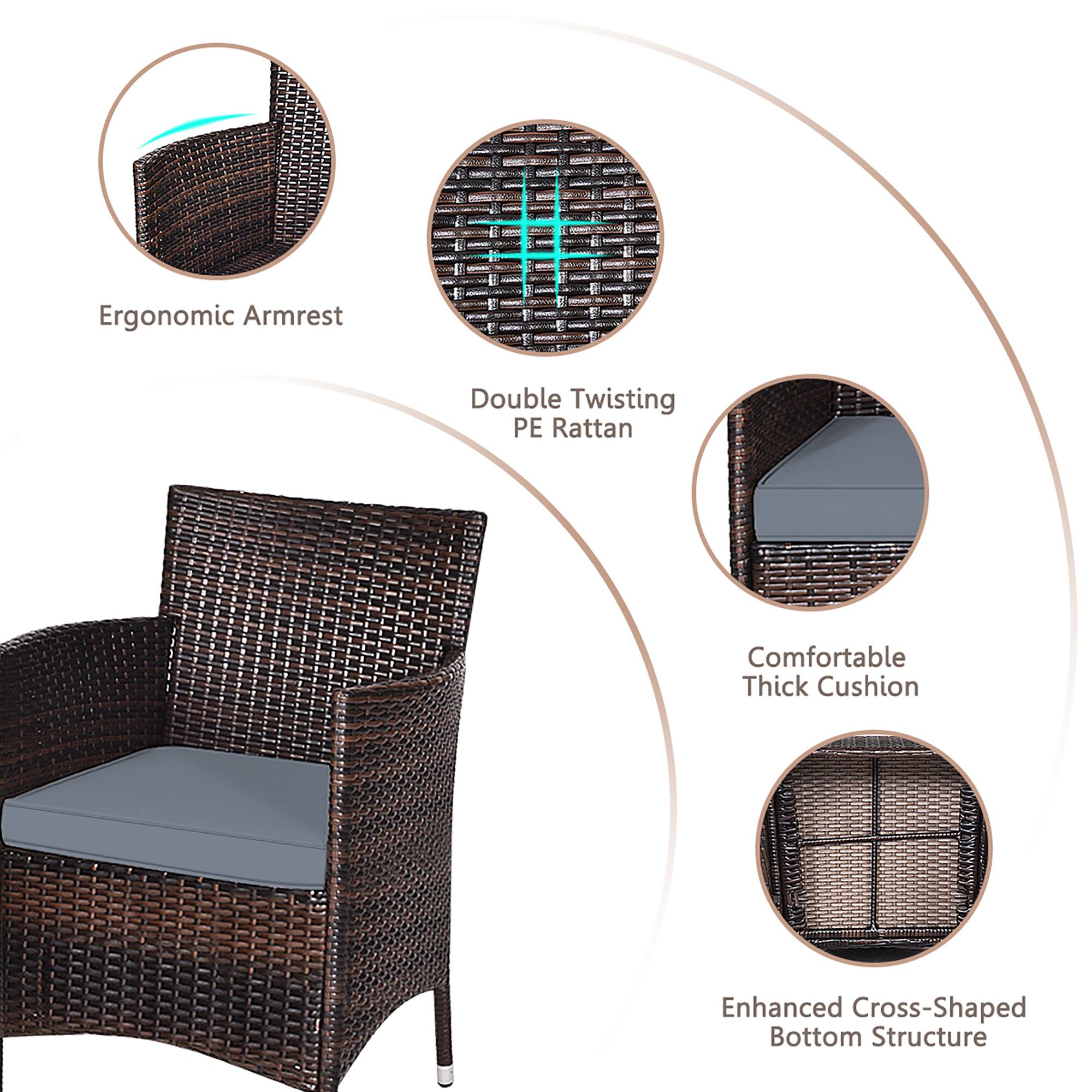 The text on the image is grouped and corrected as follows:

1. Ergonomic Armrest: Provides support and comfort for the arms.
2. Double Twisting PE Rattan: A unique design that adds visual interest and durability.
3. Comfortable Thick Cushion: Offers additional comfort and support.
4. Enhanced Cross-Shaped Bottom Structure: Improves stability and durability.
5. Ergonomic Armrest: Provides support and comfort for the arms.
6. Double Twisting PE Rattan: A unique design that adds visual interest and durability.
7. Comfortable Thick Cushion: Offers additional comfort and support.
8. Enhanced Cross-Shaped Bottom Structure: Improves stability and durability.