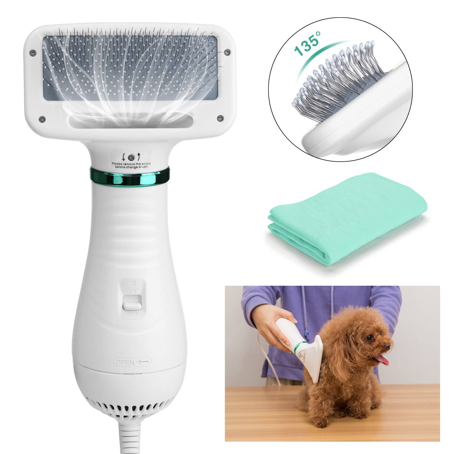 Ownpets - 2 in 1 Pet Hair Dryer Blower Slicker Brush for Dogs Cats Grooming