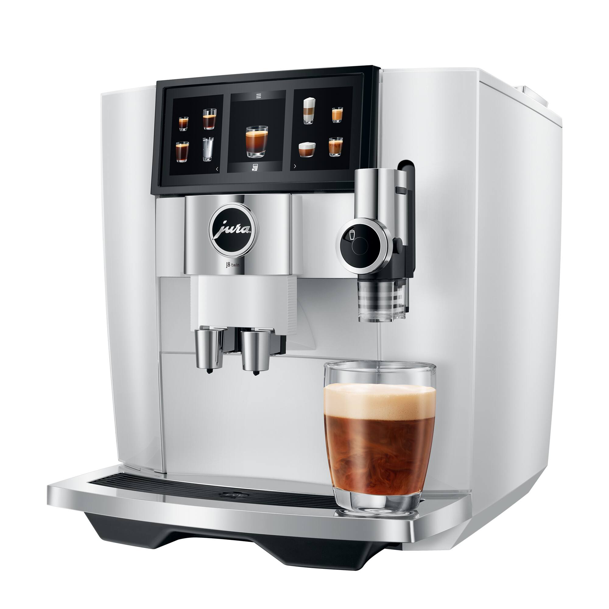 The image features a Jura coffee machine with a glass of coffee on top of it. The coffee machine is white and has a display screen with various options for coffee drinks. The coffee drink is poured into a glass, and the machine is ready to serve the beverage.