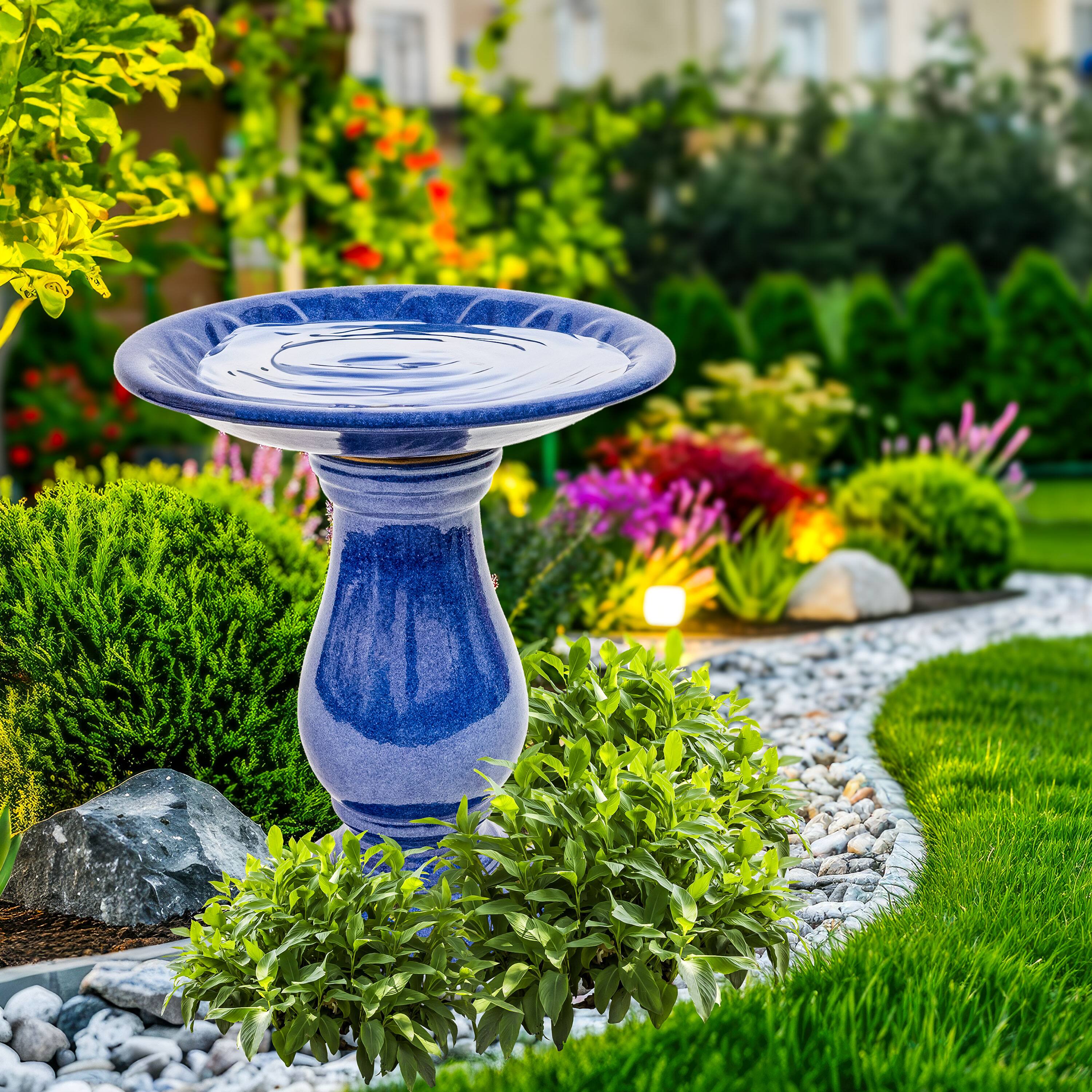 Alt View 9. Sunnydaze - Daisy Embossed Bowl Ceramic Outdoor Bird Bath - 21.5” H - Blue.