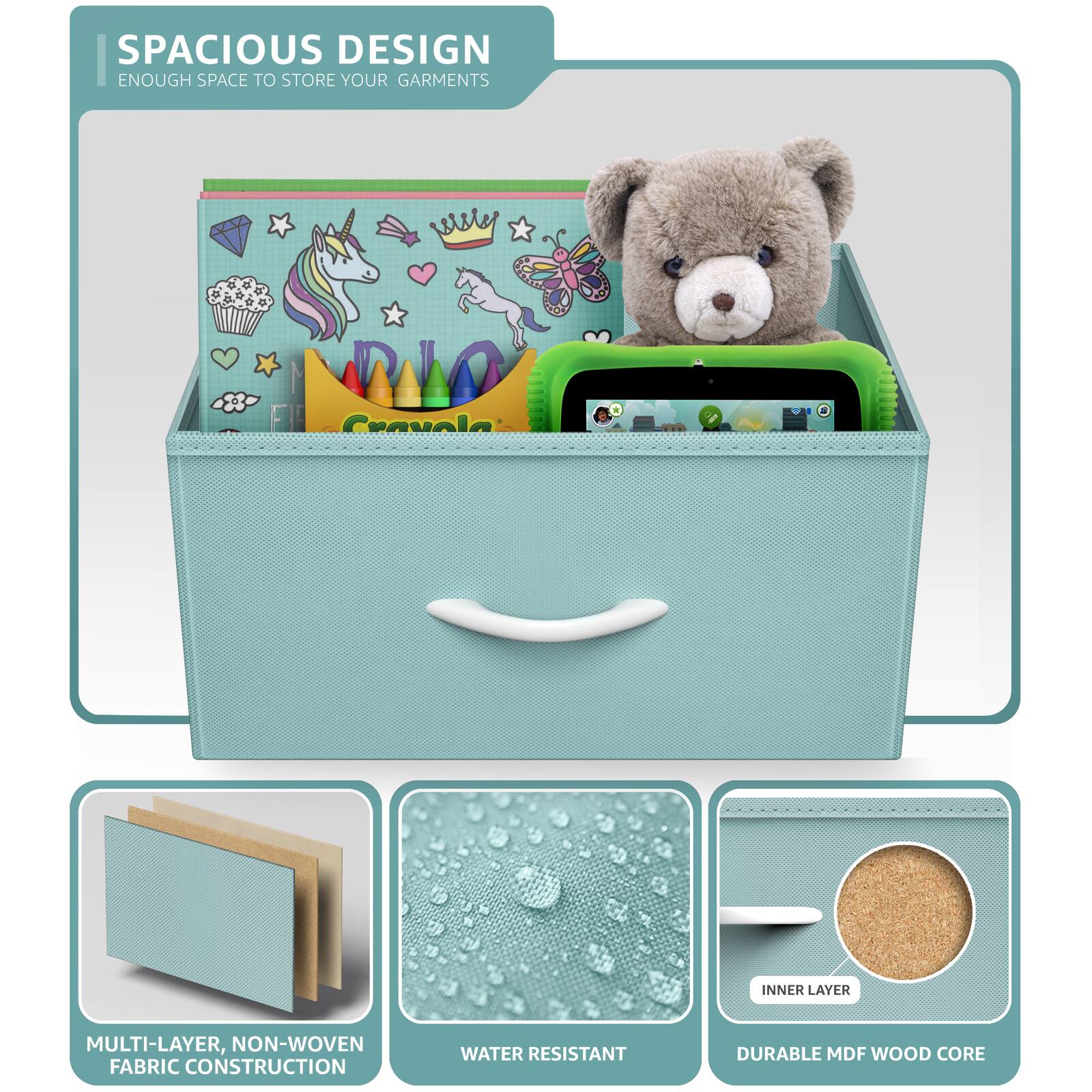 SPACIOUS DESIGN  
ENOUGH SPACE TO STORE YOUR GARMENTS  

MULTI-LAYER, NON-WOVEN FABRIC CONSTRUCTION  
WATER RESISTANT  
DURABLE MDF WOOD CORE