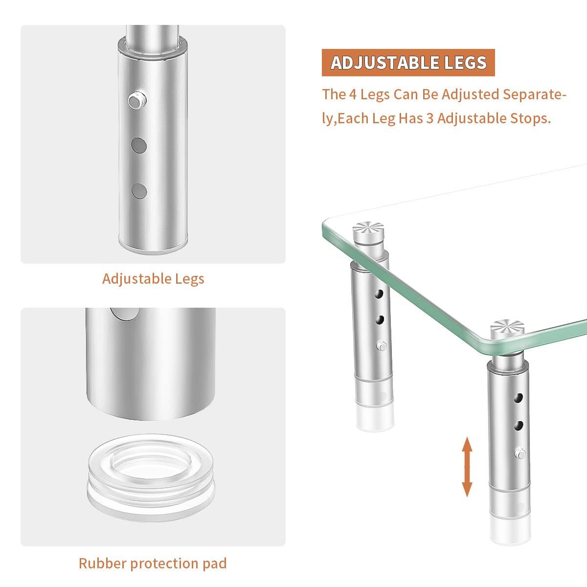 ADJUSTABLE LEGS  
The 4 Legs Can Be Adjusted Separately, Each Leg Has 3 Adjustable Stops.  

Adjustable Legs  

Rubber protection pad