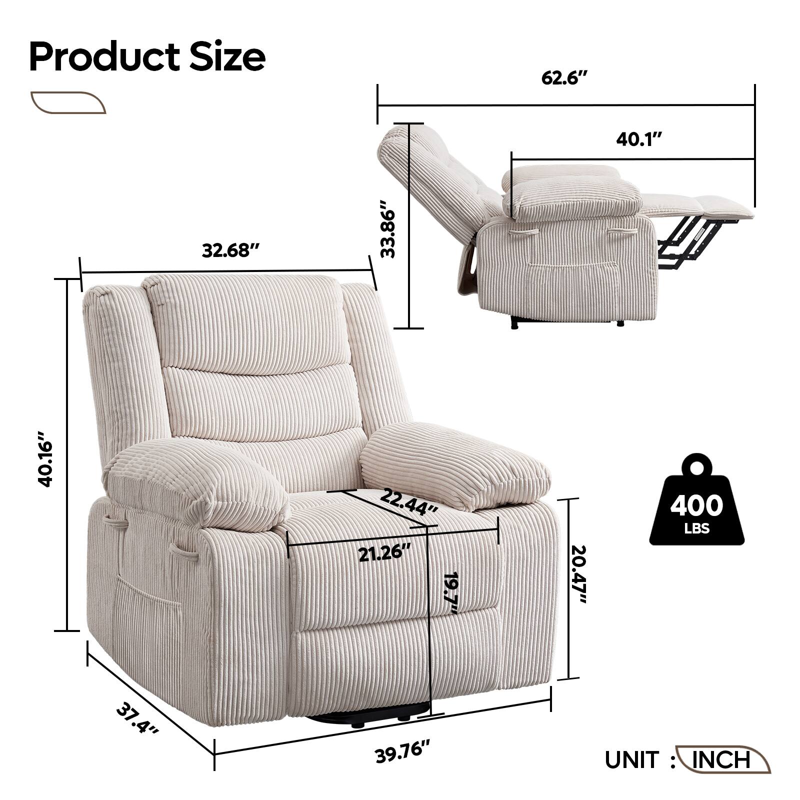 Product Size: 62.6" x 40.1" x 32.68" x 33.86" x 40.16" x 22.44" x 21.26" x 19.7" x 20.47" x 400 LBS.