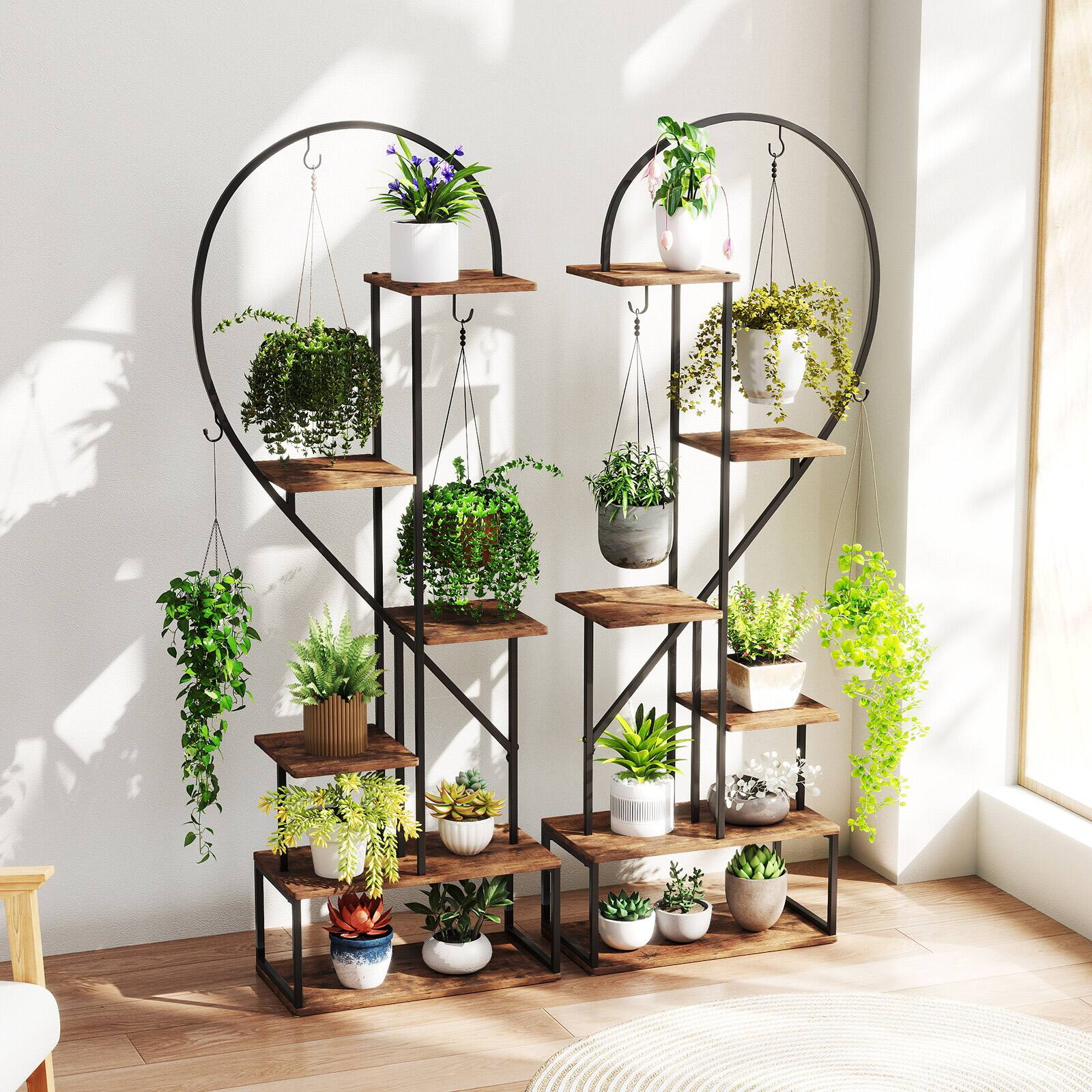 Alt View 1. Gymax - Gymax 6-Tier Metal Plant Stand w/12 Boards 6 Hanging Hooks Tall Flowerpot Display Rack - Coffee, Black.