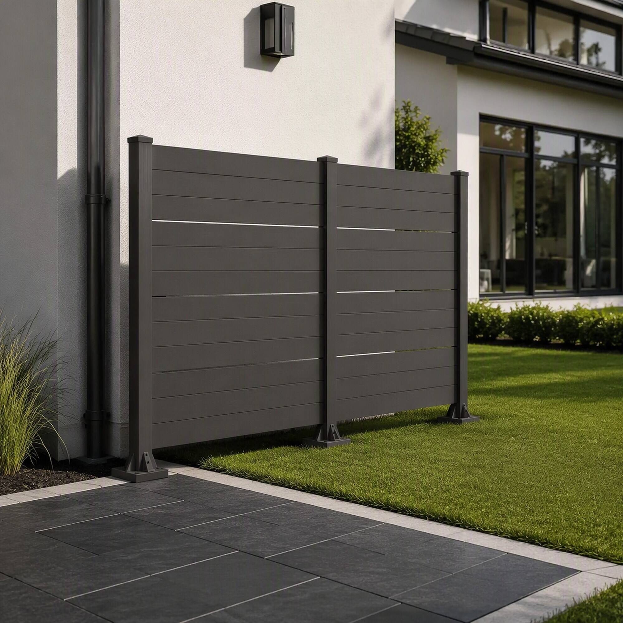 Angle. RYHNUYNE - 50x49 Inch Outdoor Privacy Screen for AC Unit, All-Weather Vinyl Fence with Aluminum Posts, 2 Dark Grey Panels - DARK GREY.