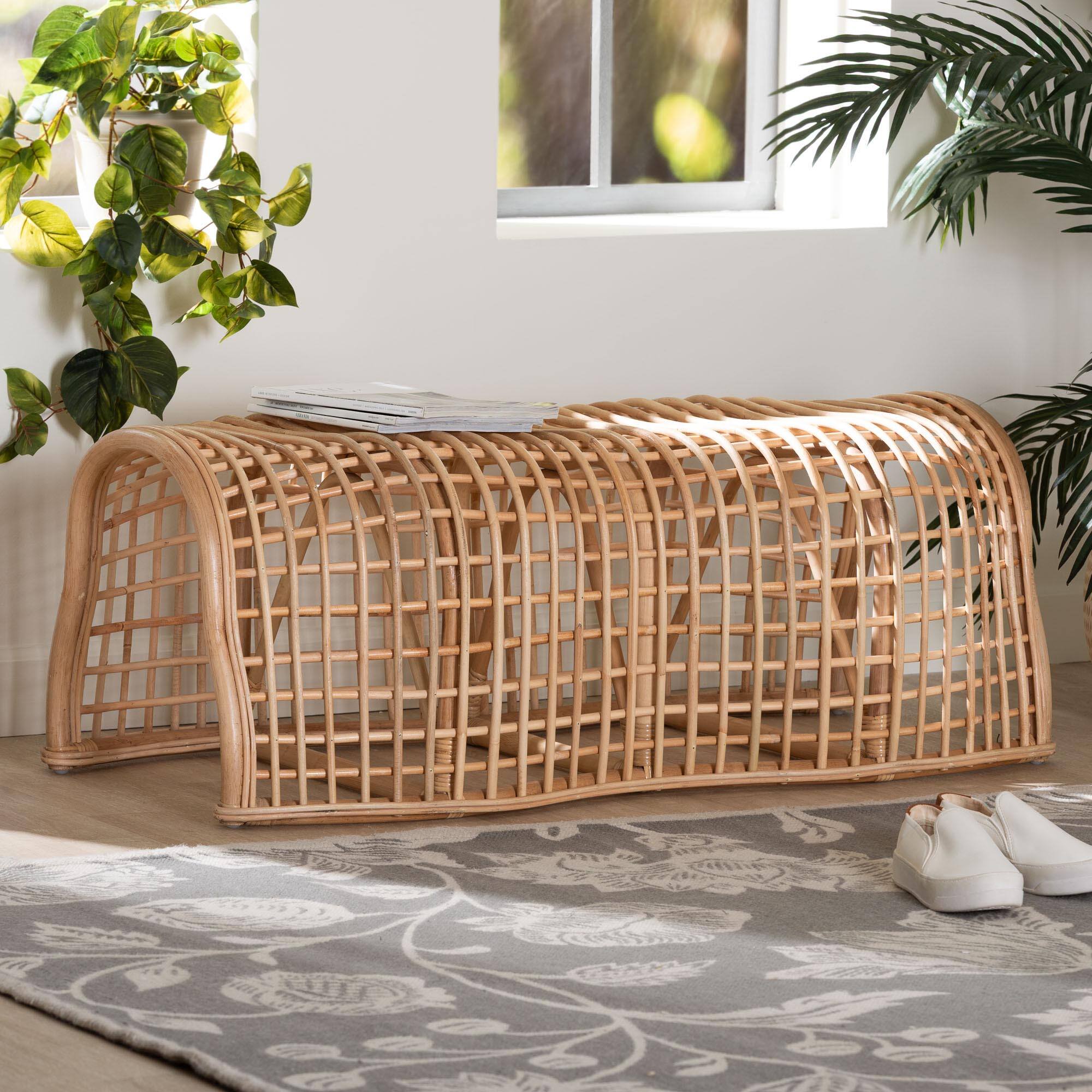 Alt View 2. bali & pari - bali & pari Daiki Natural Rattan Bench with Curved Frame - Lightweight Decorative Accent Seating - Natural.