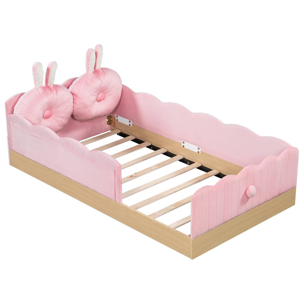 Alt View 6. Loheer - Loheer Twin Upholstered Platform Bed Pink Velvet Kids Bed - Pink.