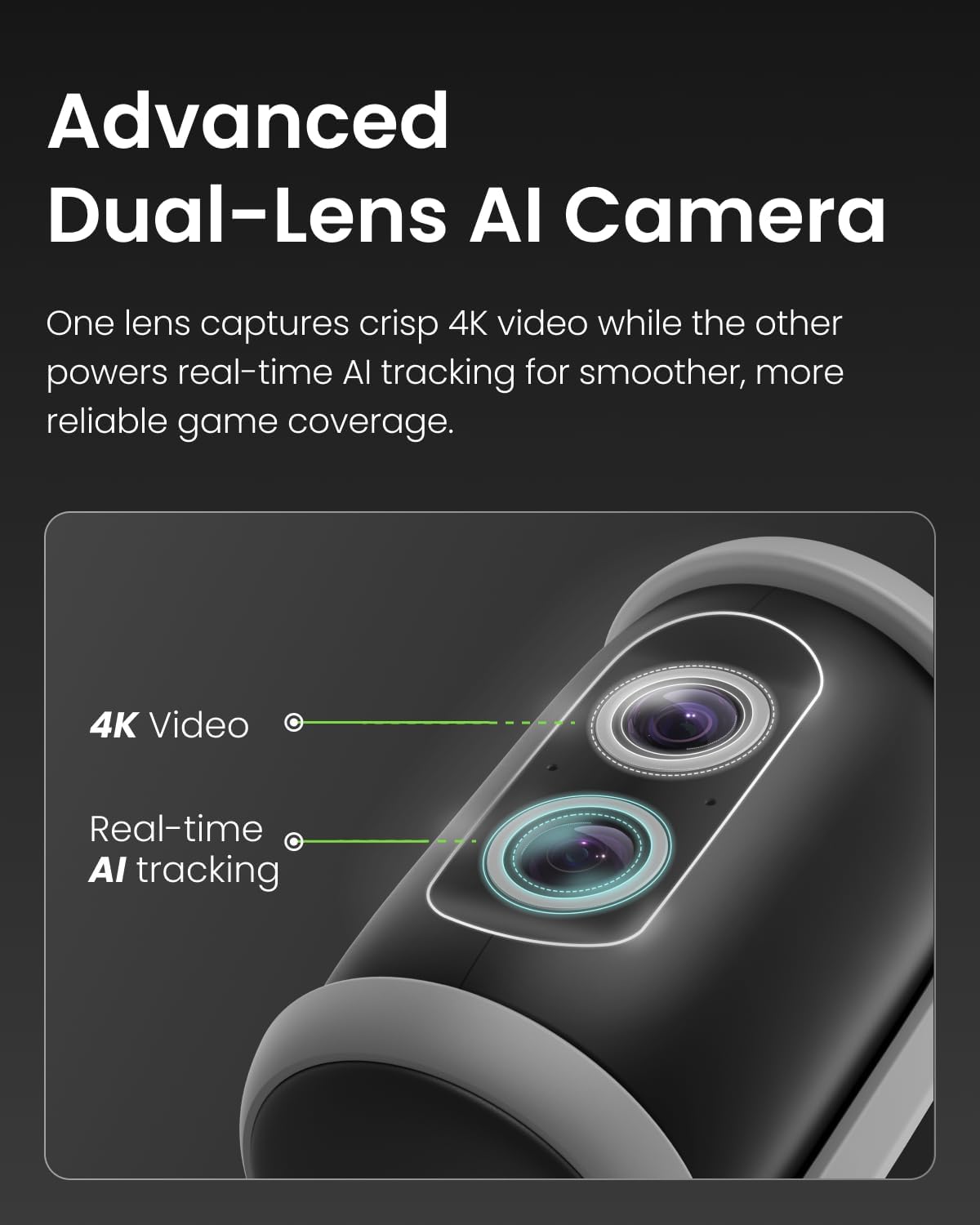 Advanced Dual-Lens AI Camera  
One lens captures crisp 4K video while the other powers real-time AI tracking for smoother, more reliable game coverage.  
4K Video  
Real-time AI tracking