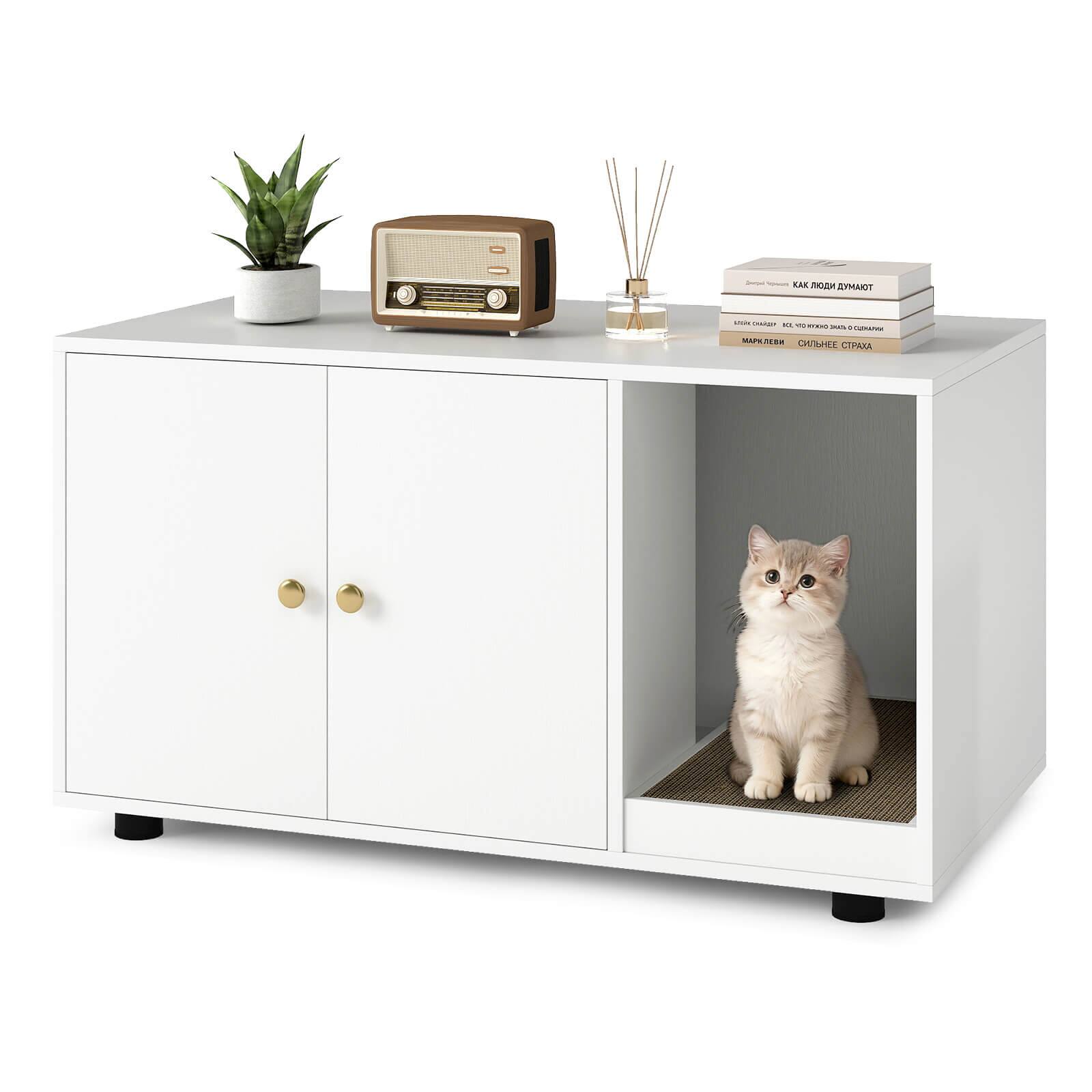 Costway - Wooden Cat Litter Box Enclosure, Hidden Litter Box Furniture with Scratching Board - White