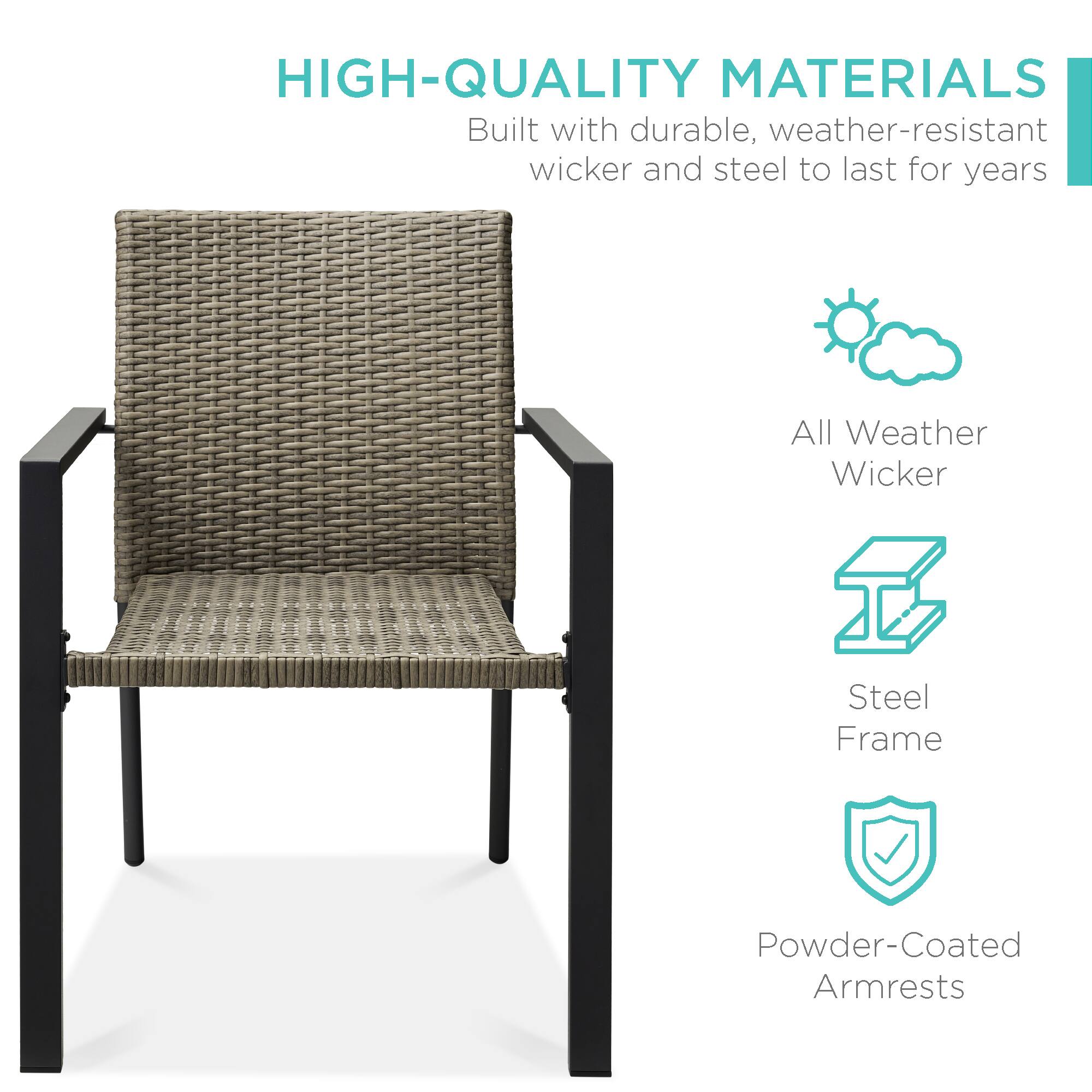 HIGH-QUALITY MATERIALS  
Built with durable, weather-resistant wicker and steel to last for years  

- All Weather Wicker  
- Steel Frame  
- Powder-Coated Armrests