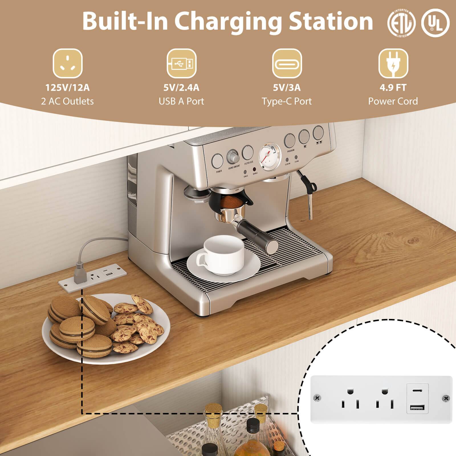 Built-In Charging Station

- 125V/12A
- 2 AC Outlets
- 5V/2.4A USB A Port
- 5V/3A Type-C Port
- 4.9 FT Power Cord

ETL UL