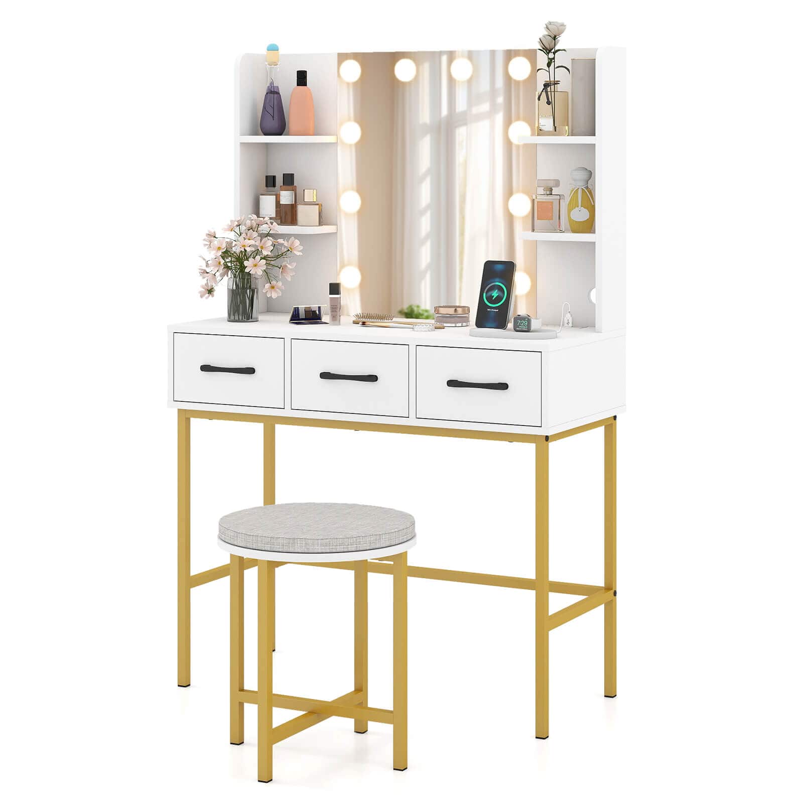 Costway - Vanity Desk with Mirror Lights Power Outlets 4 Open Shelves 3 Storage Drawers - White