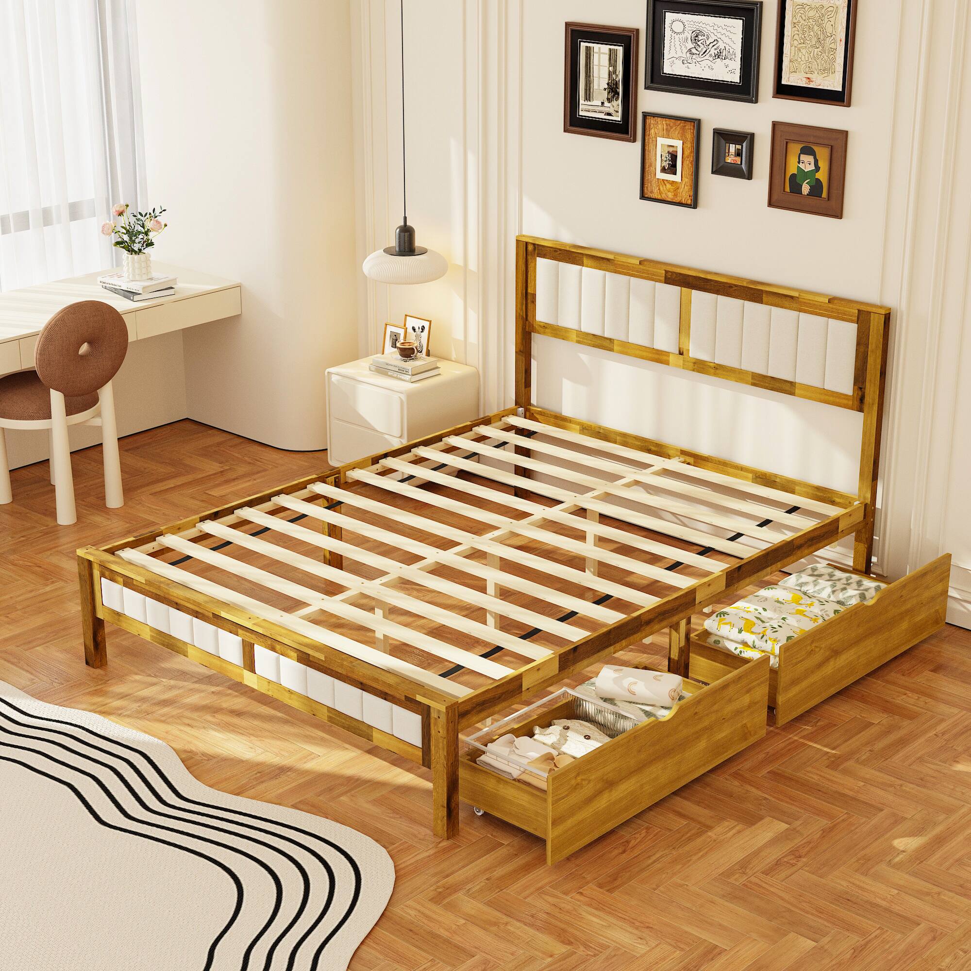 Alt View 10. Famapy - Famapy Solid Wood Storage Bed Frame - Acacia Wood, Thickened Slats, Drawer Design - Wooden.