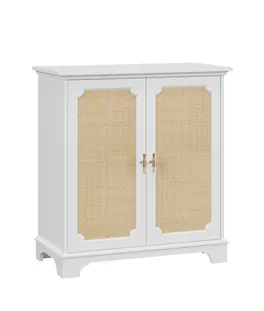 Spaco - Rattan Decorated Liquor Cabinet, Farmhouse Buffet Hutch with Display Storage, Solid Frame, for Entry Living Room - White