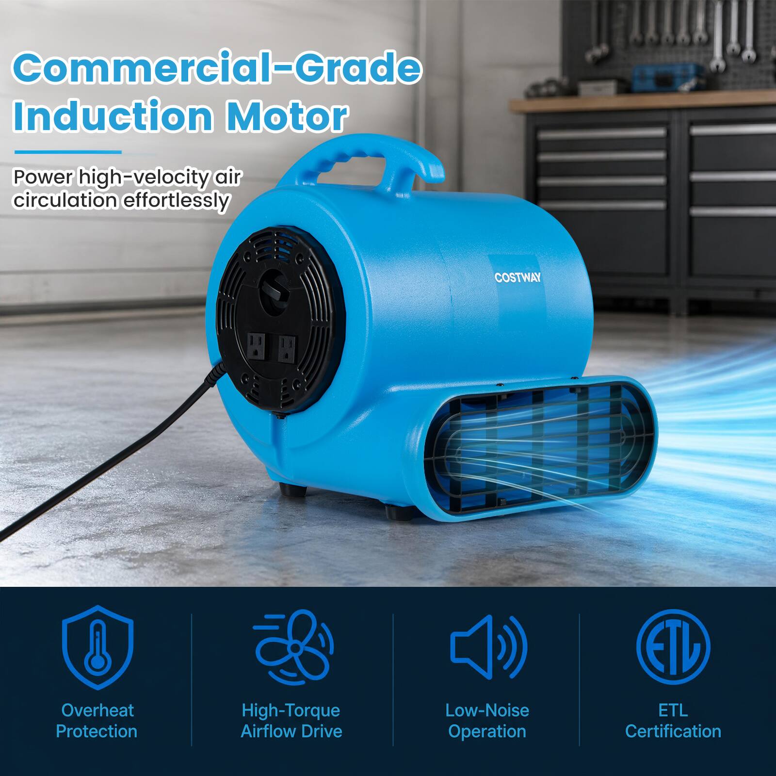 Commercial-Grade Induction Motor  
Power high-velocity air circulation effortlessly  

COSTWAY  

- Overheat Protection  
- High-Torque Airflow Drive  
- Low-Noise Operation  
- ETL Certification
