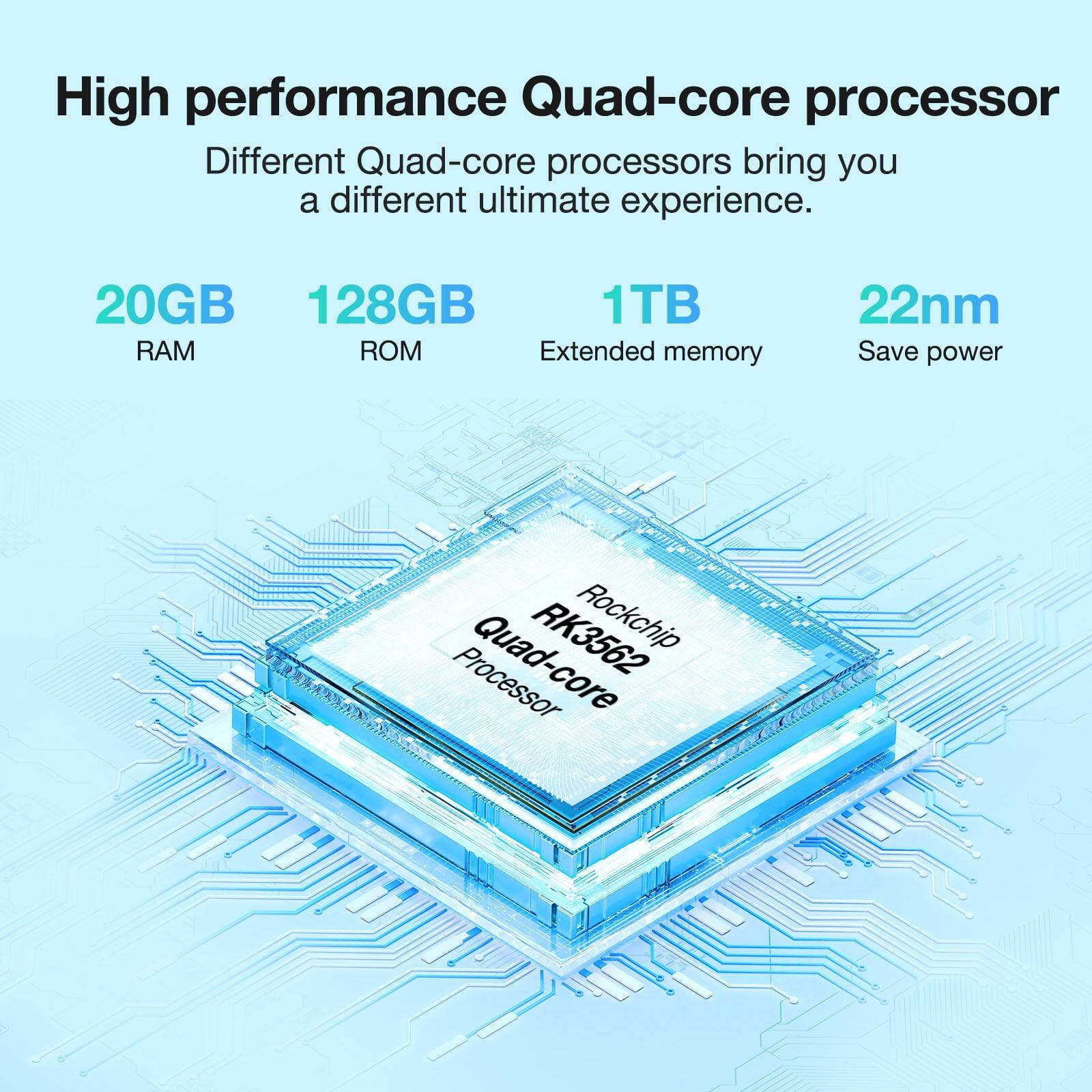 High performance Quad-core processor

Different Quad-core processors bring you a different ultimate experience.

20GB RAM
128GB ROM
1TB Extended memory
22nm Save power
Rockchip Quad-core Processor