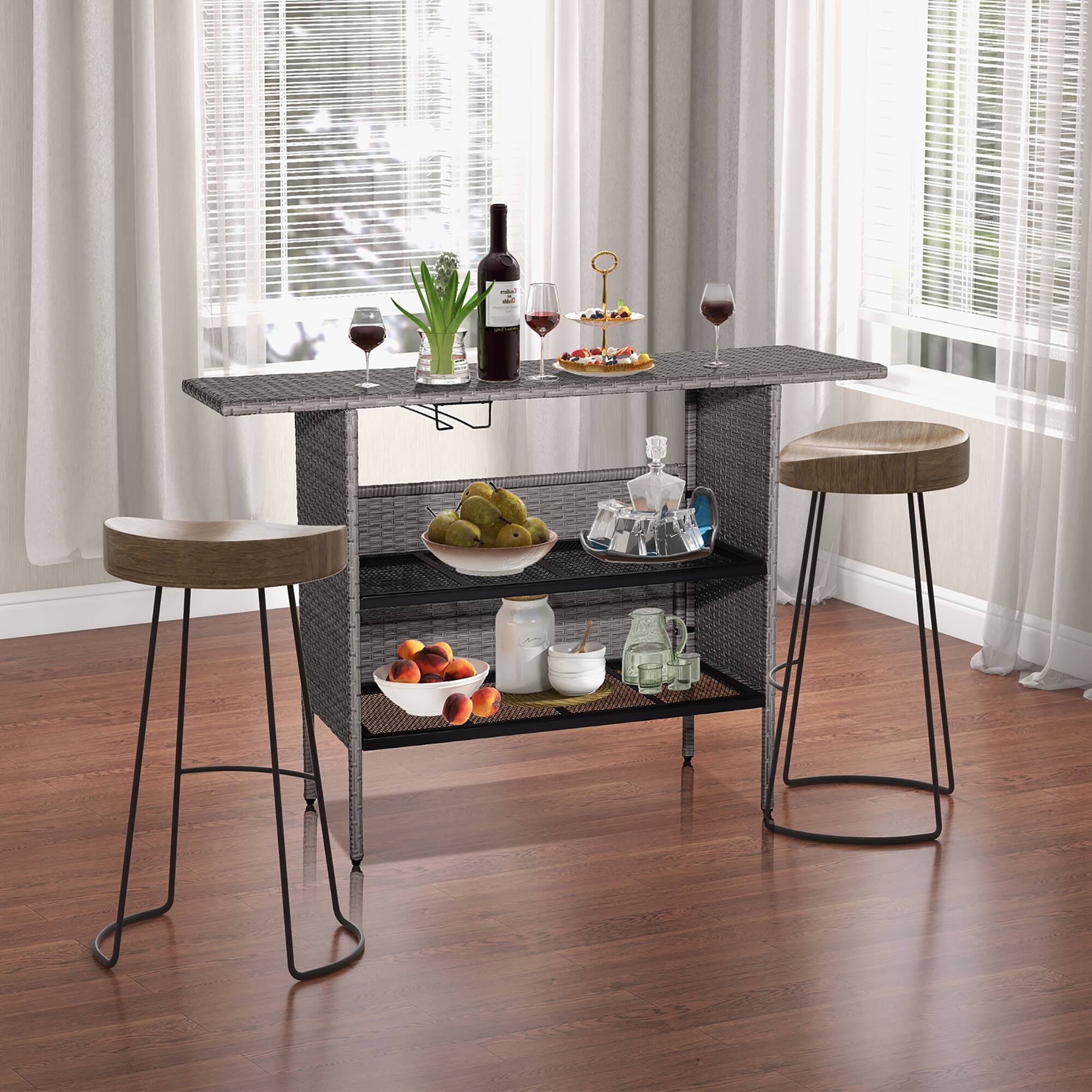 Alt View 3. Gymax - Gymax Patio Rattan Wicker Bar Height Counter Table Storage Shelf Rail Garden - Mix Gray.