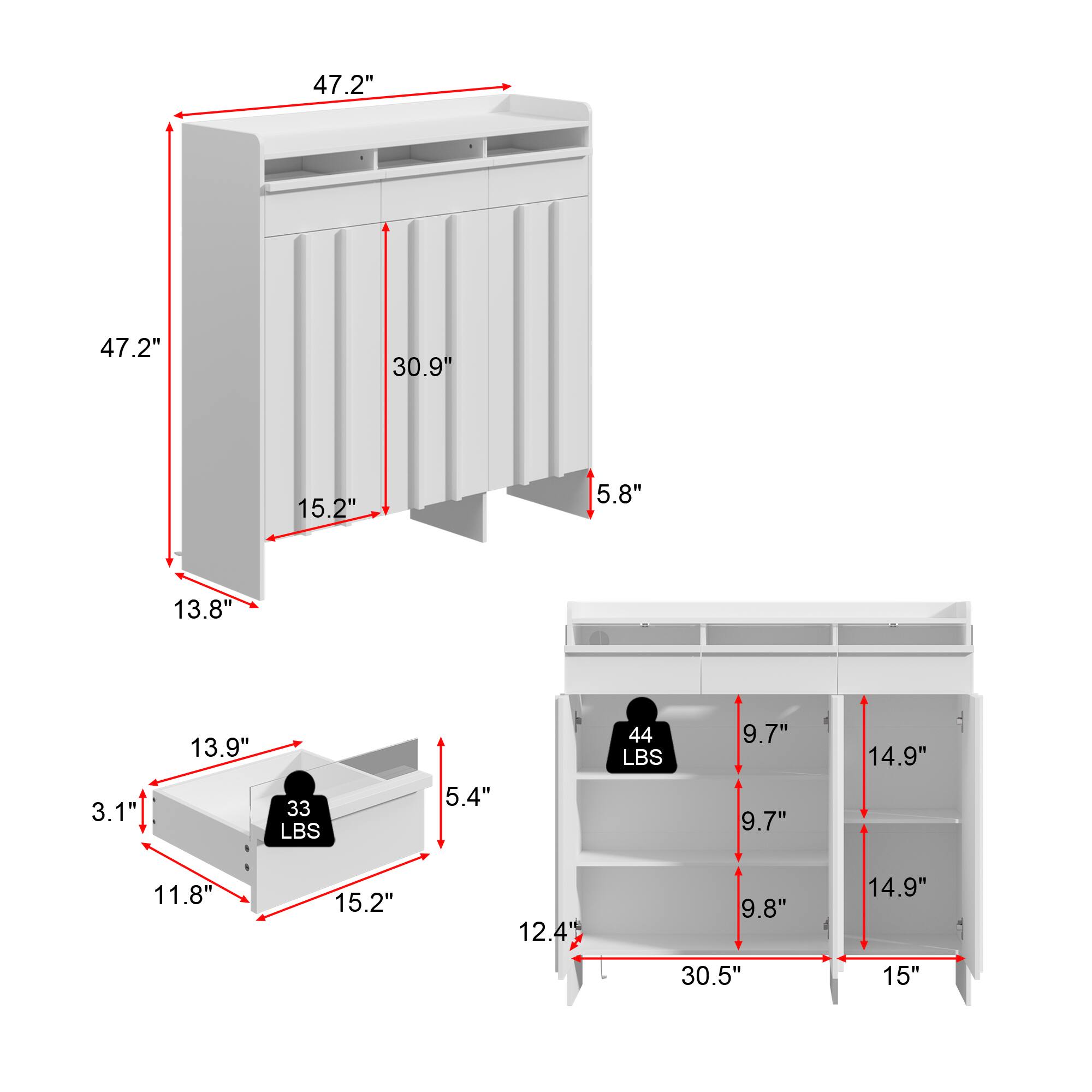 47.2", 47.2", 30.9", 15.2", 5.8", 13.8", 3.1", 13.9", 33 LBS, 5.4", 44 LBS, 9.7", 9.7", 14.9", 11.8", 15.2", 12.4", 9.8", 14.9", 30.5", 15"