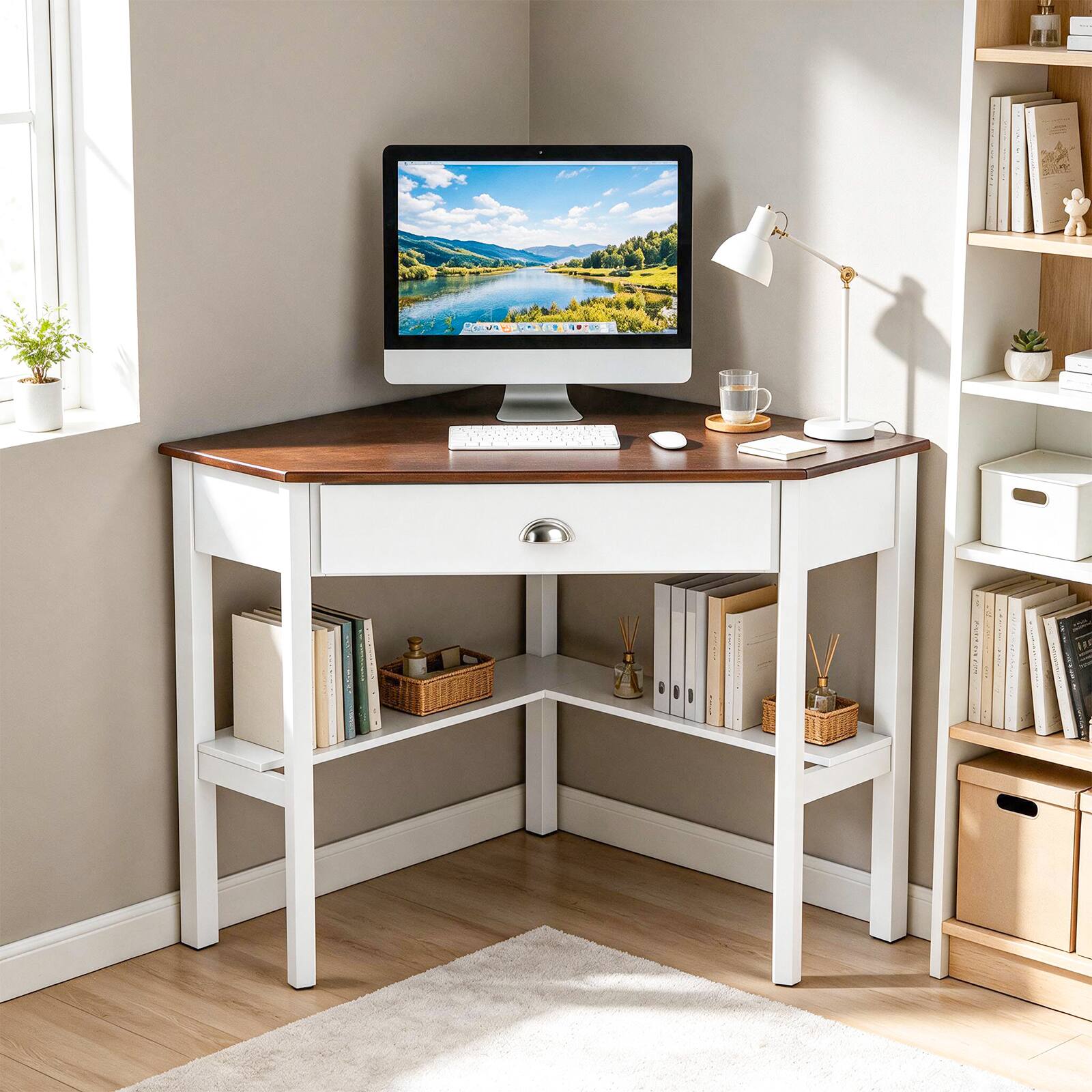 Alt View 1. Costway - Costway Corner Desk Space-saving Triangular Computer Desk with Storage Drawer & Shelf - Brown & White.