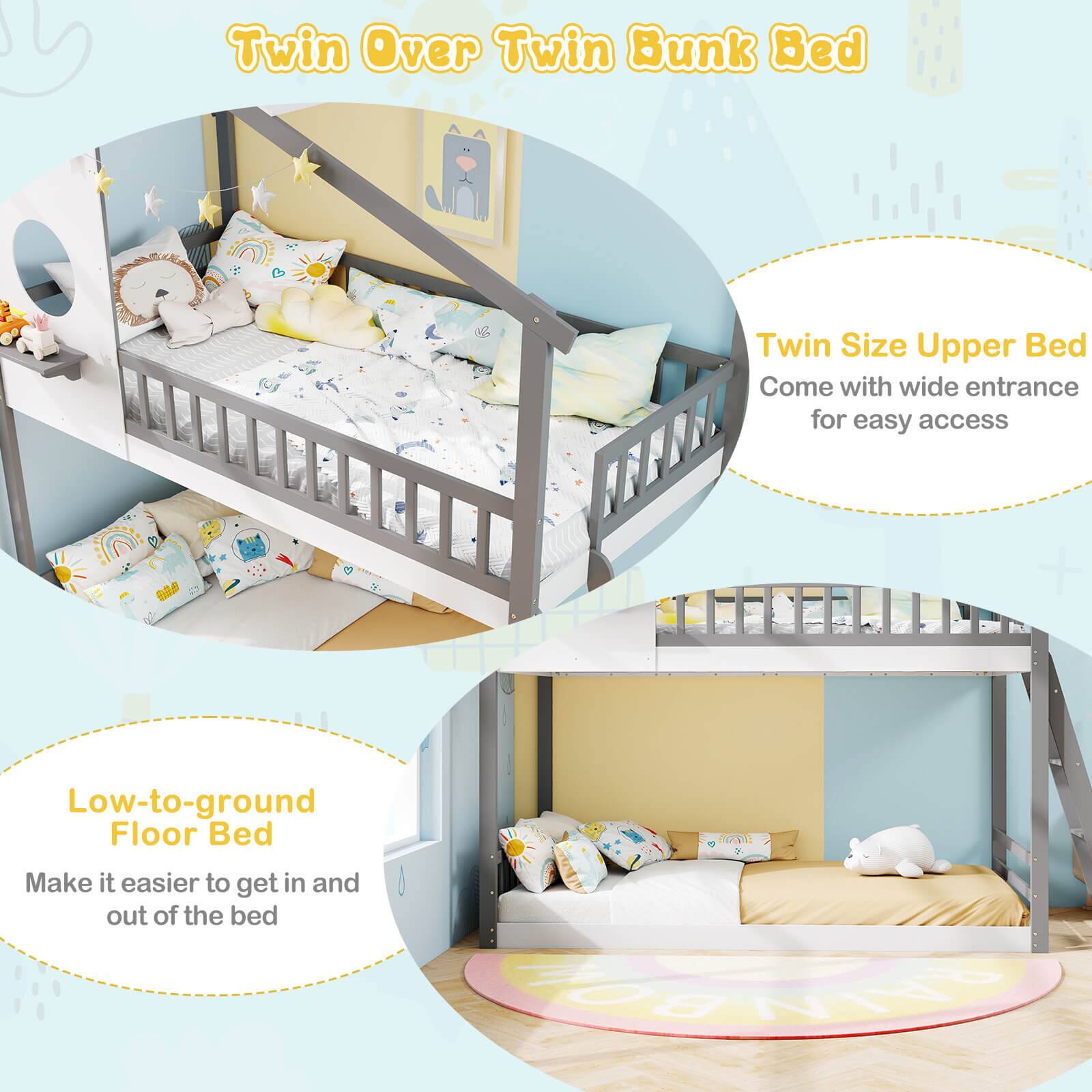 Twin Over Twin Bunk Bed: This bed features a twin-sized upper bed and a twin-sized lower bed, making it a practical choice for a child's room or a guest room. The upper bed has a wide entrance for easy access.

Low-to-ground Floor Bed: This bed is designed with a low-to-ground floor, making it easier to get in and out of the bed. It is an ideal option for people with mobility issues or for those who prefer a more accessible sleeping arrangement.

Twin Size Upper Bed: This bed has a twin-sized upper bed, which is suitable for a single person or a child. It is a space-saving option that can be used in various settings, such as a child's room or a guest room.

Come with wide entrance for easy access: This bed features a wide entrance, which makes it easier to get in and out of the bed. It is particularly beneficial for people with mobility issues or for those who prefer a more accessible sleeping arrangement.