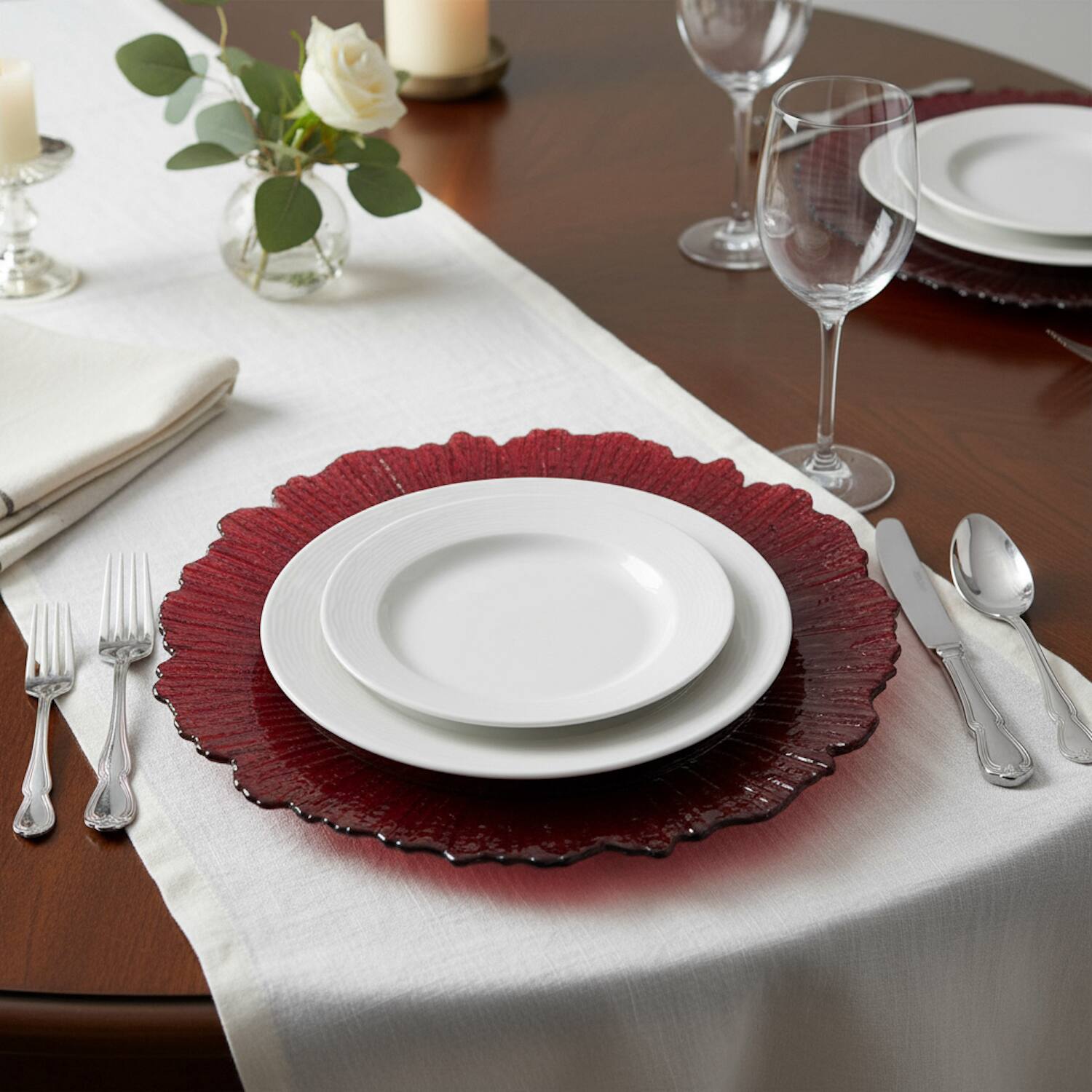 Left. American Atelier - Reef Pink Glass Charger Plates 4-Piece Set 13"D - Pink.