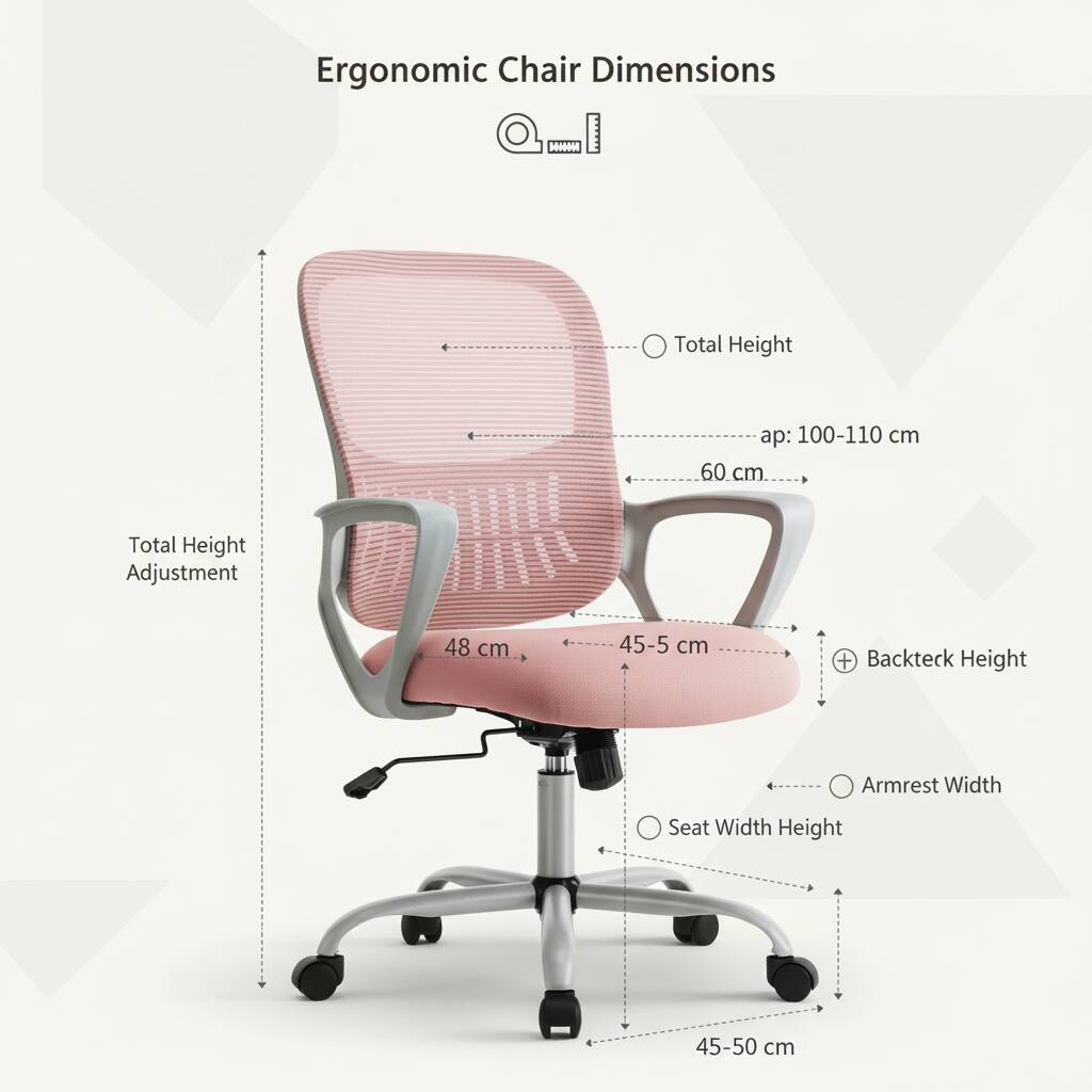 Ergonomic Chair Dimensions

- Total Height: 100-110 cm
- Total Height Adjustment: 60 cm
- Backrest Height: 48 cm
- Armrest Width: 45-5 cm
- Seat Width Height: 45-50 cm