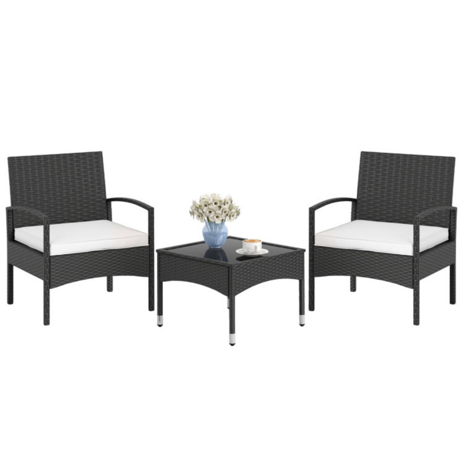 Alt View 3. Mondawe - Compact Freestanding Patio Bistro Set Rattan with 2 Chairs and Table 3-Piece - Black+Beige.