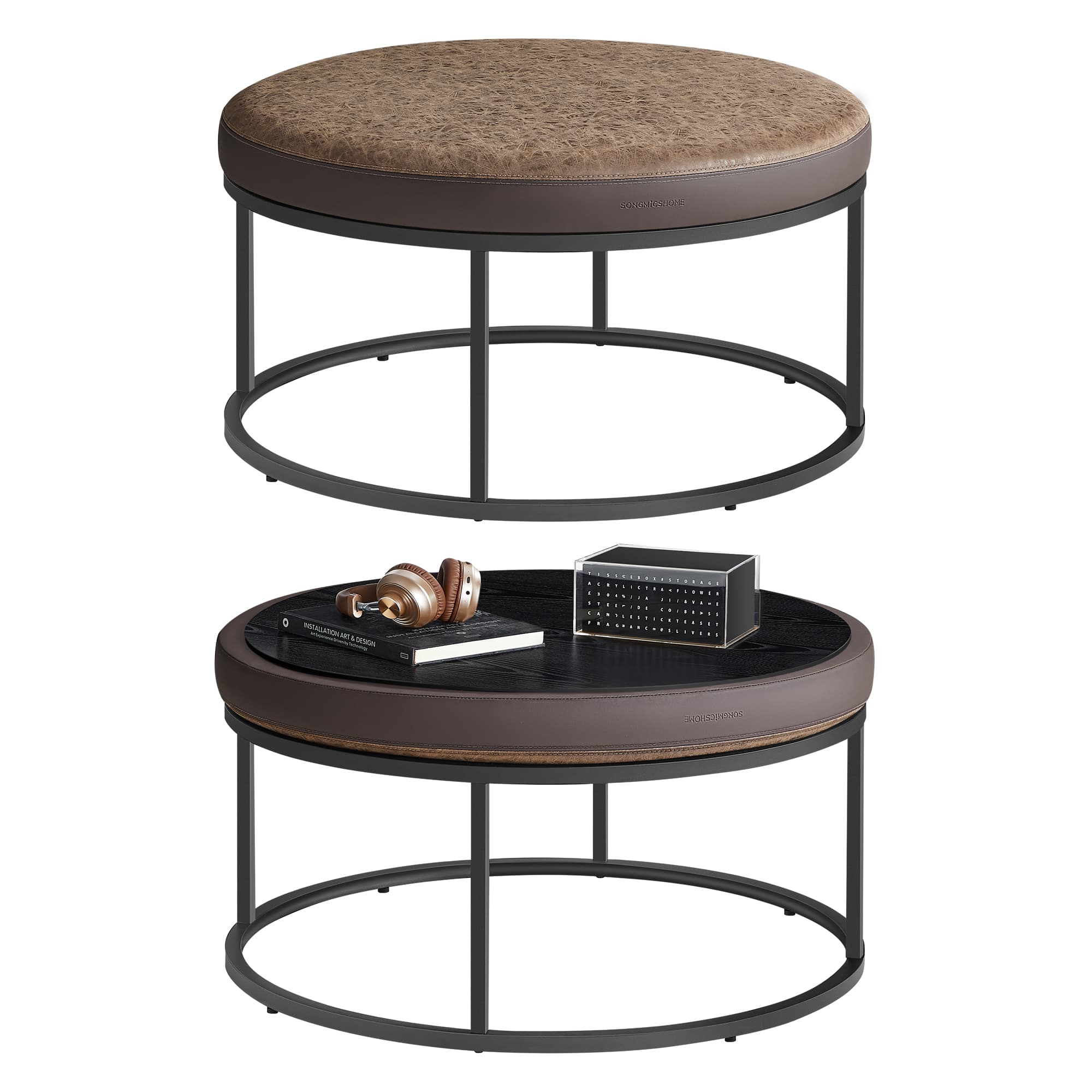 Songmics Home - LUIZ Collection - Ottoman, Round Coffee Table, Footstool, Reversible Top, Padded Seat,Steel Frame, Max. Load 660 lb - Walnut Brown