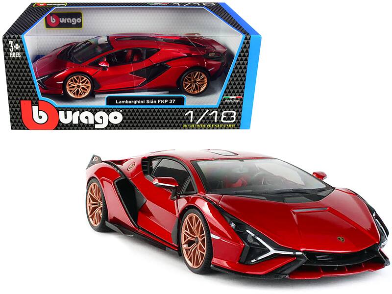 Lamborghini Sian FKP 37 Red with Copper Wheels 1/18 Diecast Model Car by Bburago - Red and Copper