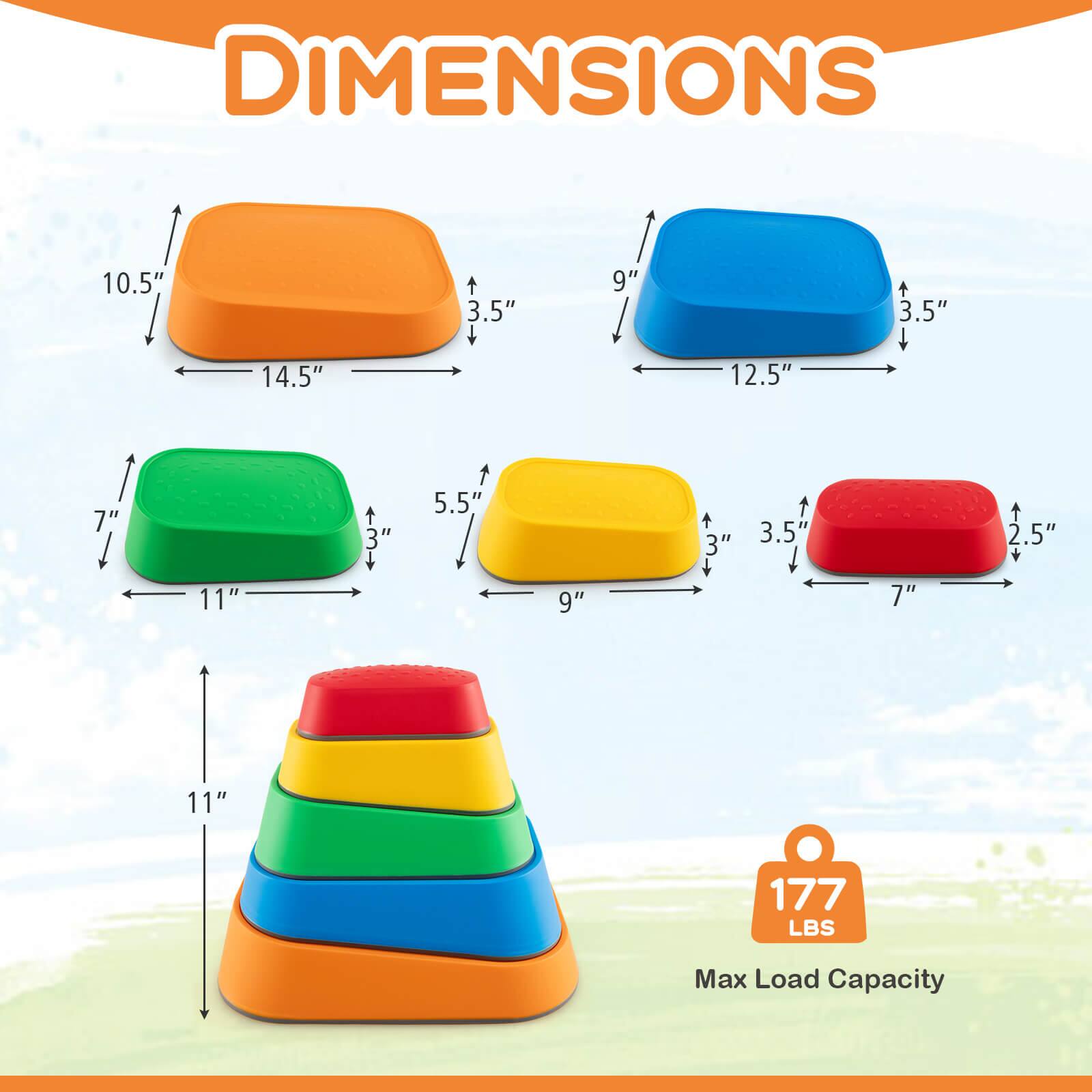DIMENSIONS

- 10.5" x 14.5" x 3.5"
- 9" x 12.5" x 3.5"
- 7" x 11" x 3"
- 5.5" x 9" x 3"
- 3" x 7" x 2.5"

Max Load Capacity: 177 LBS