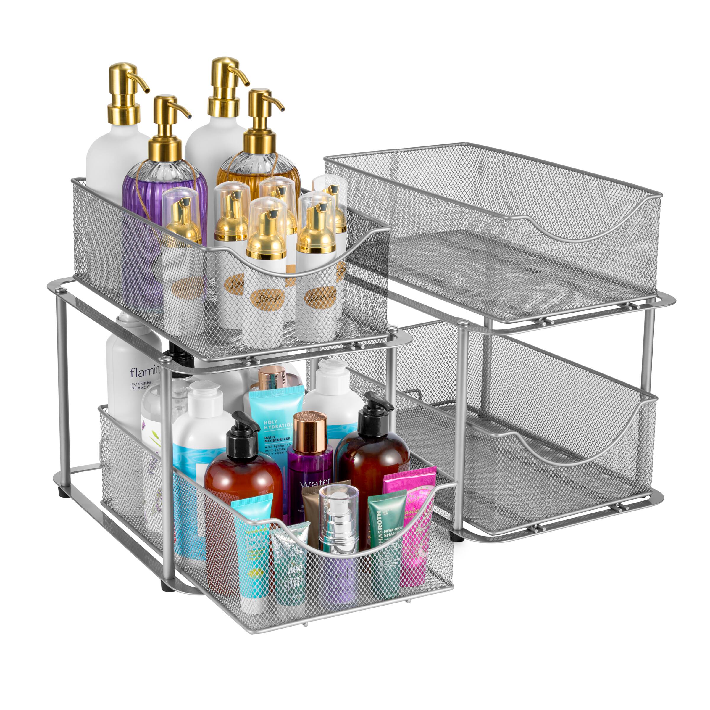 Sorbus - 2 Pack 2 Tier Baskets with Mesh Sliding Drawers - Ideal Cabinet, Under the Sink, etc - Great for Bathroom - Silver