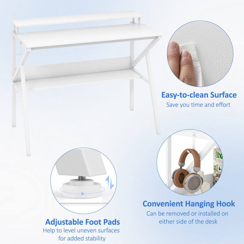 Easy-to-clean Surface  
Save you time and effort  

Adjustable Foot Pads  
Help to level uneven surfaces for added stability  

Convenient Hanging Hook  
Can be removed or installed on either side of the desk