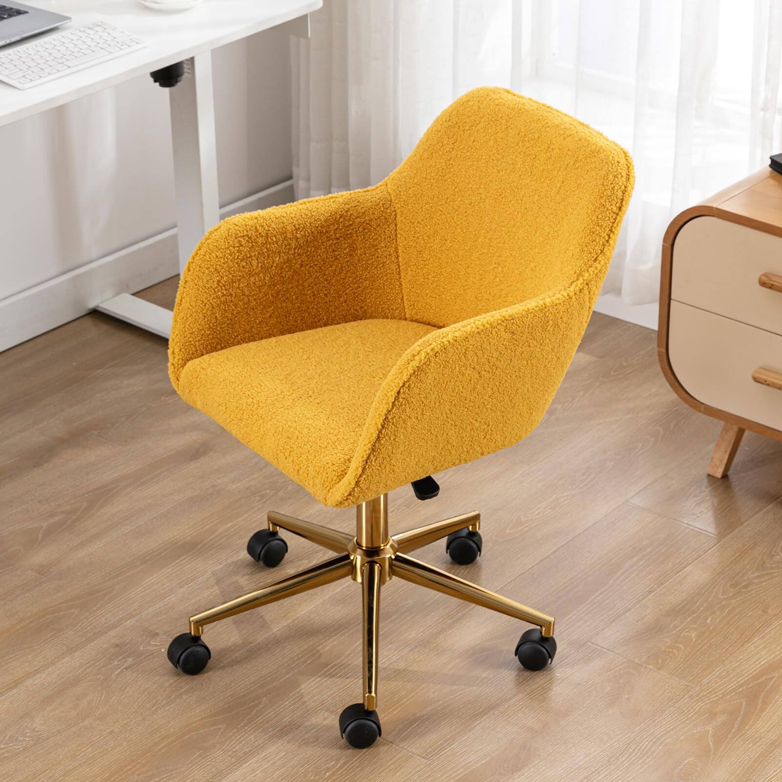 Alt View 7. Ecooso - Modern Teddy Fabric Material Adjustable Height 360 Revolving Home Office Chair With Gold Metal Legs ,Yellow - Yellow Teddy.